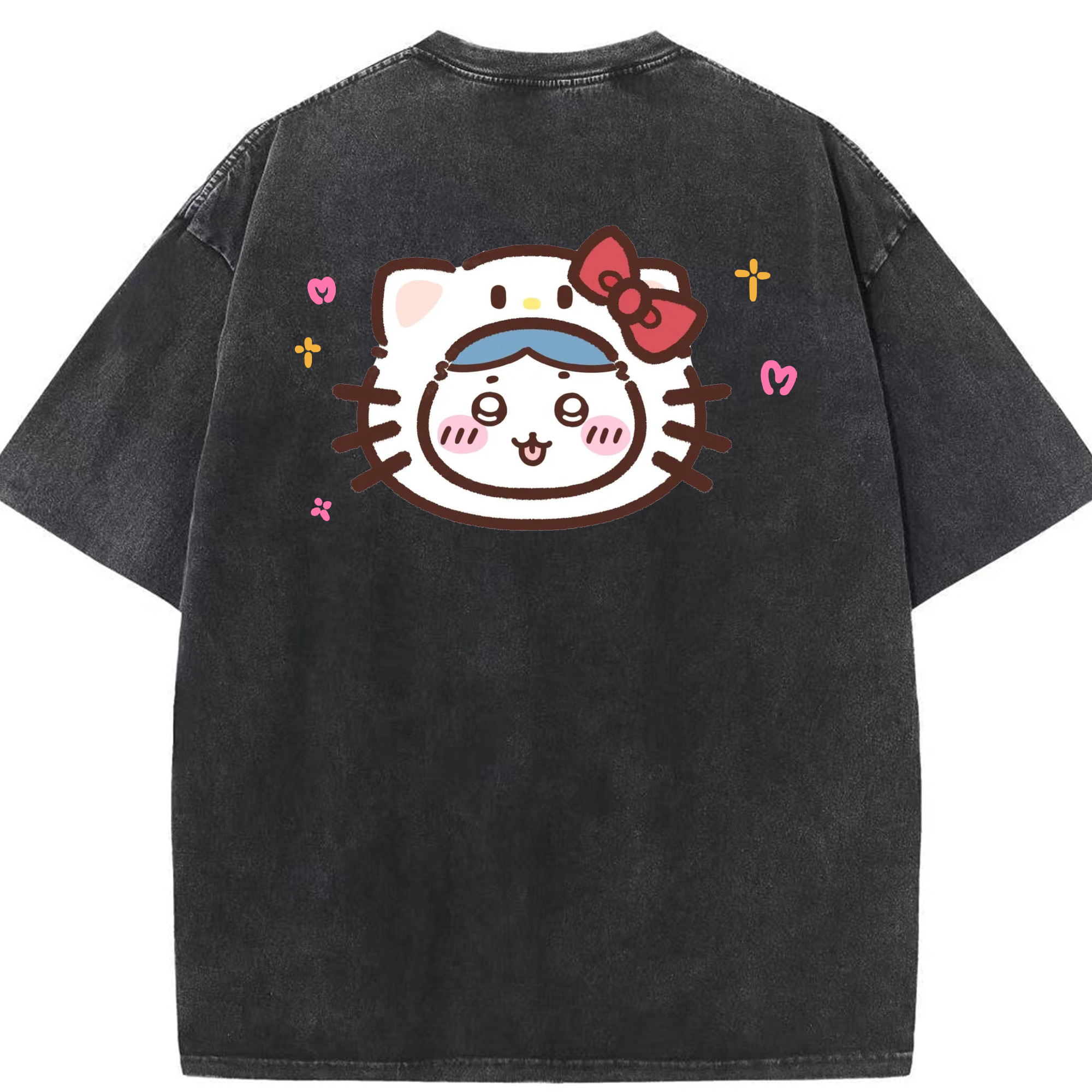 ハローキティ&ちいかわ - 綿100％ ヴィンテージ風 半袖Tシャツ ・ 背面プリント ・ 柔らか肌触り ・ 通気性 快適 ・ スポーツ カジュアル 外出用