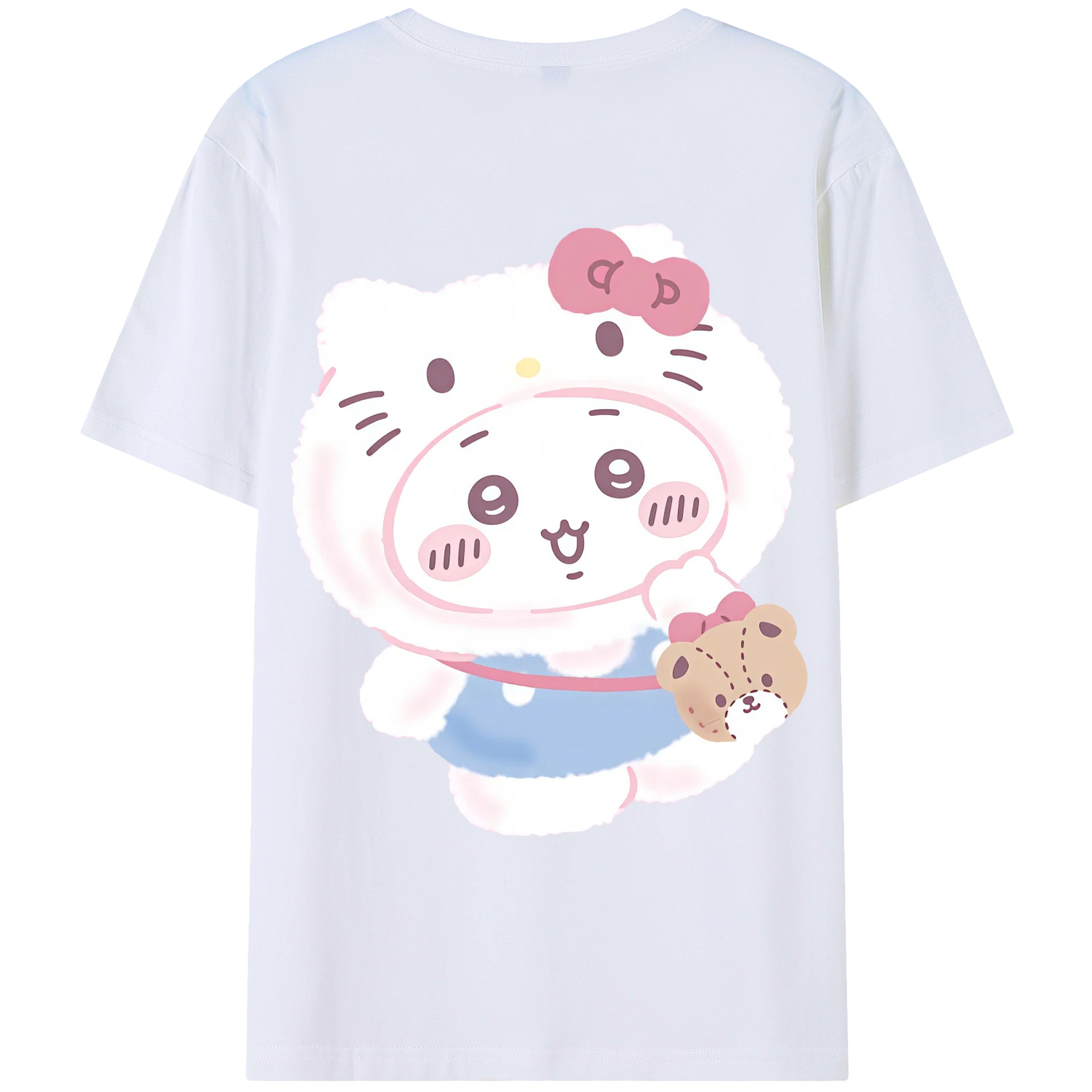ハローキティ&ちいかわ - レディース半袖Tシャツ ・ 綿100％ ・ バックプリント ・ 強化クルーネック ・ 二重折り袖口 ・ 快適 通気性 ・ フィットネス カジュアル 旅行用