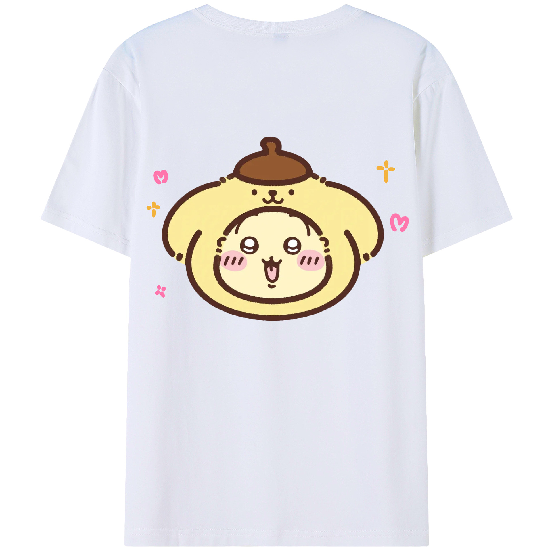 ポムポムプリン&ちいかわ - レディース半袖Tシャツ ・ 綿100％ ・ バックプリント ・ 強化クルーネック ・ 二重折り袖口 ・ 快適 通気性 ・ フィットネス カジュアル 旅行用