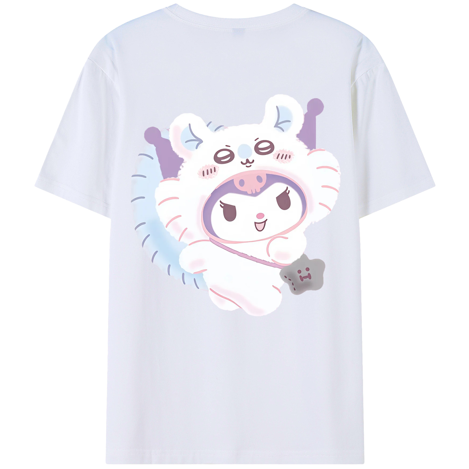 クロミ&ちいかわ - レディース半袖Tシャツ ・ 綿100％ ・ バックプリント ・ 強化クルーネック ・ 二重折り袖口 ・ 快適 通気性 ・ フィットネス カジュアル 旅行用