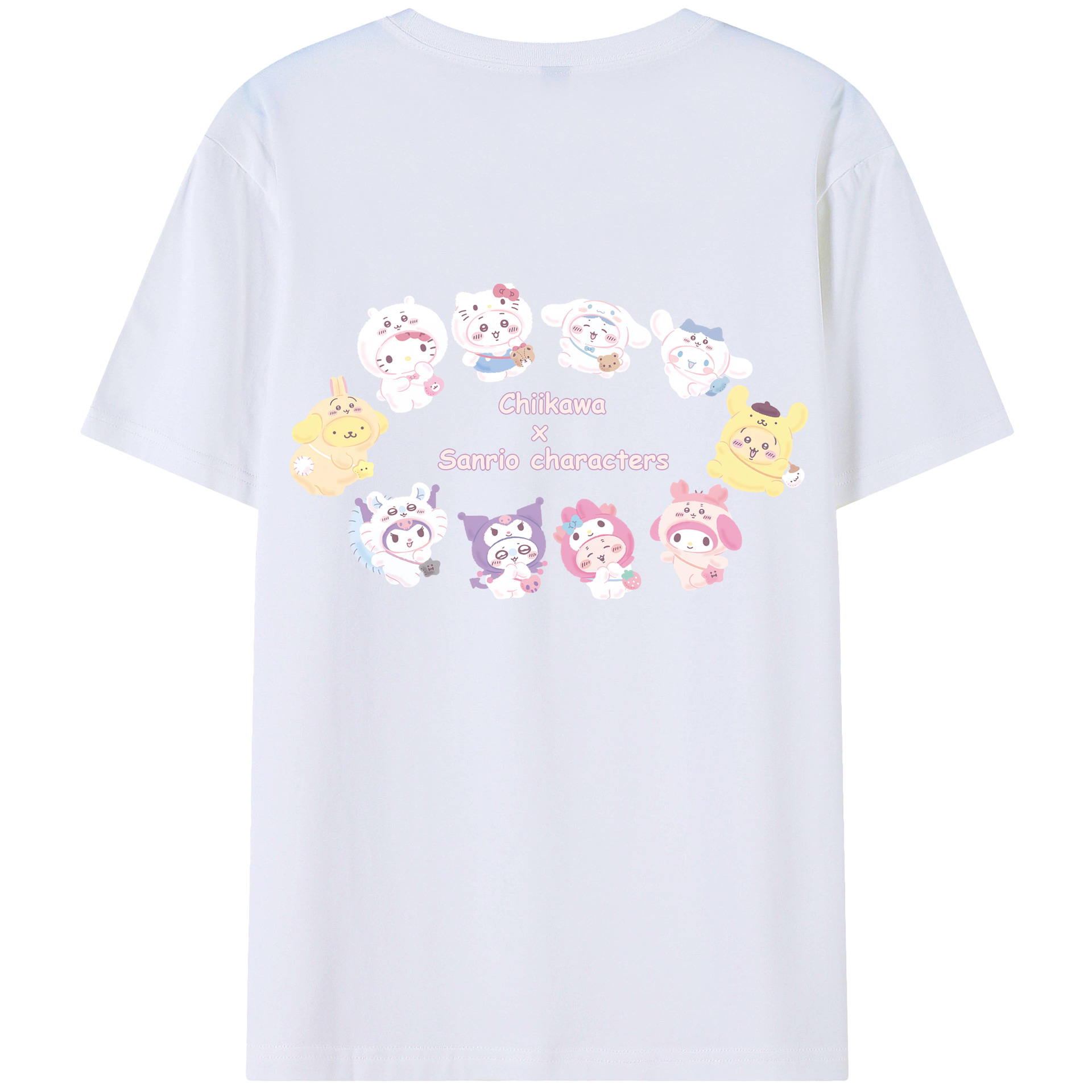 サンリオ&ちいかわ - レディース半袖Tシャツ ・ 綿100％ ・ バックプリント ・ 強化クルーネック ・ 二重折り袖口 ・ 快適 通気性 ・ フィットネス カジュアル 旅行用