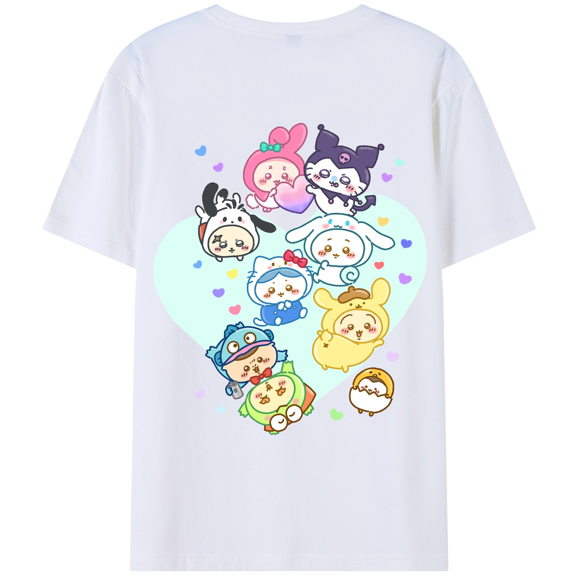 サンリオ&ちいかわ - レディース半袖Tシャツ ・ 綿100％ ・ バックプリント ・ 強化クルーネック ・ 二重折り袖口 ・ 快適 通気性 ・ フィットネス カジュアル 旅行用