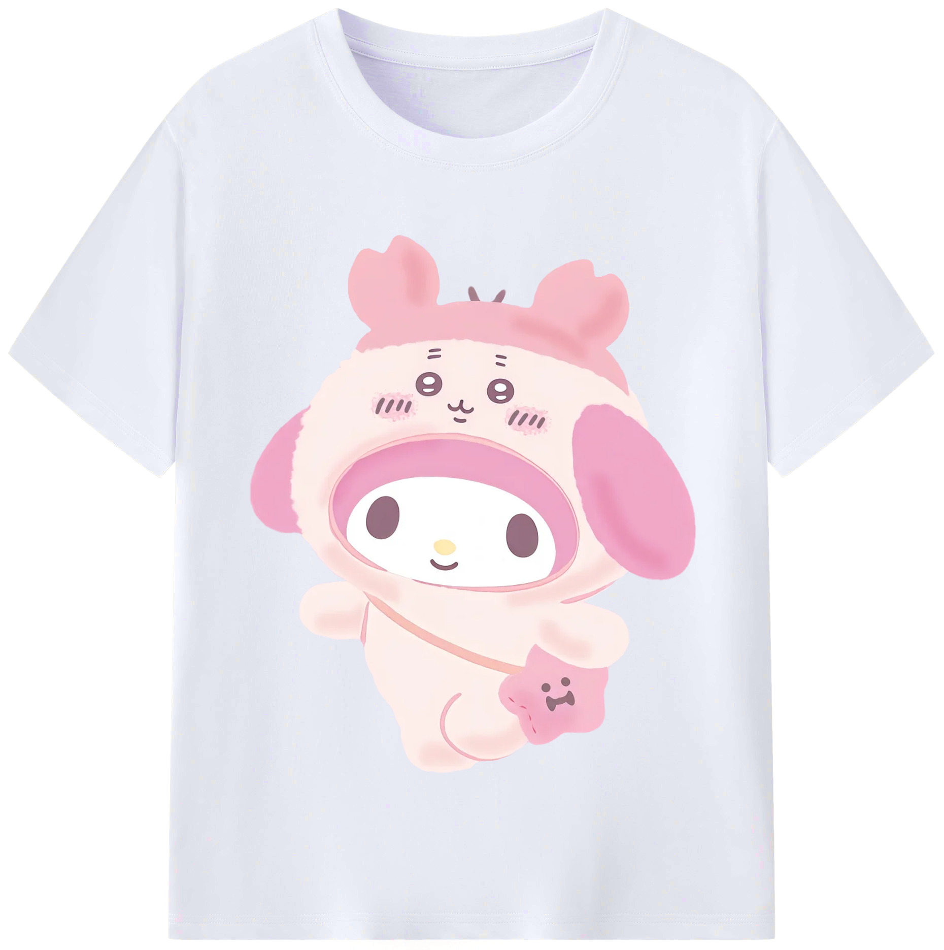 マイメロディ&ちいかわ - レディースカジュアルプリントTシャツ ・ 綿100％ ・ クルーネック ・ フロントプリント ・ 柔らかく快適 ・ フィットネス カジュアル 旅行用