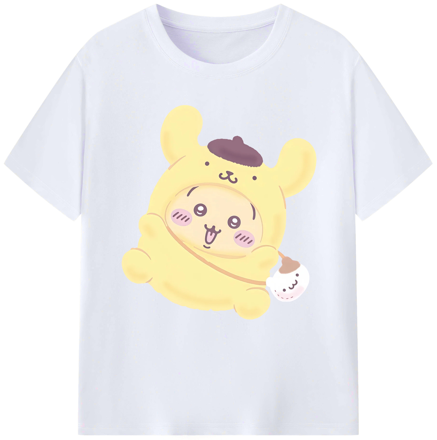 ポムポムプリン&ちいかわ - レディースカジュアルプリントTシャツ ・ 綿100％ ・ クルーネック ・ フロントプリント ・ 柔らかく快適 ・ フィットネス カジュアル 旅行用