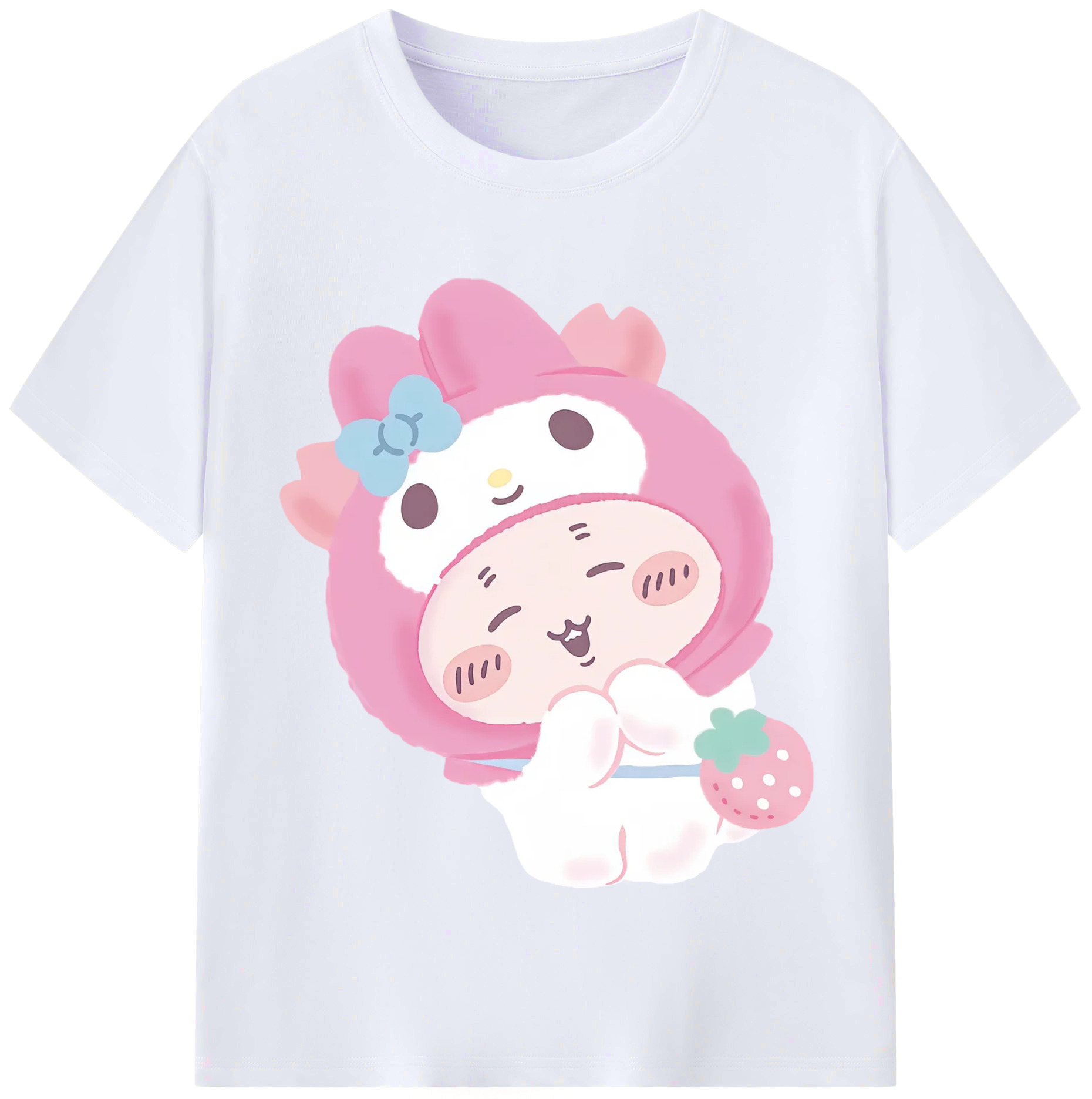 マイメロディ&ちいかわ - レディースカジュアルプリントTシャツ ・ 綿100％ ・ クルーネック ・ フロントプリント ・ 柔らかく快適 ・ フィットネス カジュアル 旅行用