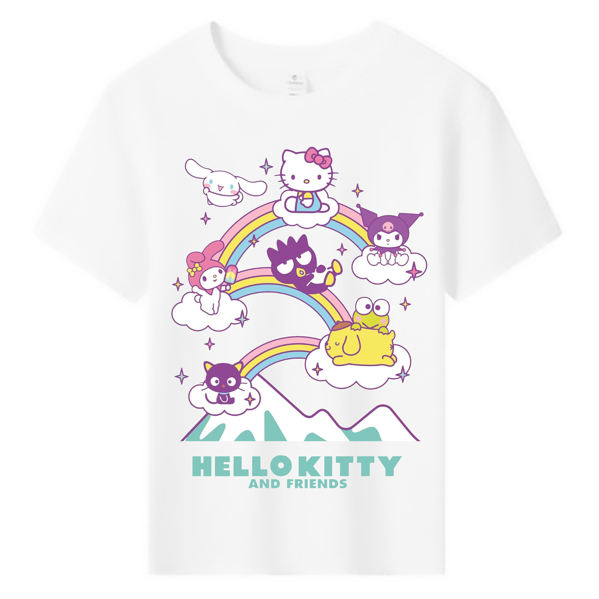 カラフルでポップ！レインボーサンリオ - 綿100％ キッズTシャツ ・ フロントプリント ・ 快適 通気性 ・ スポーツ カジュアル 散歩用