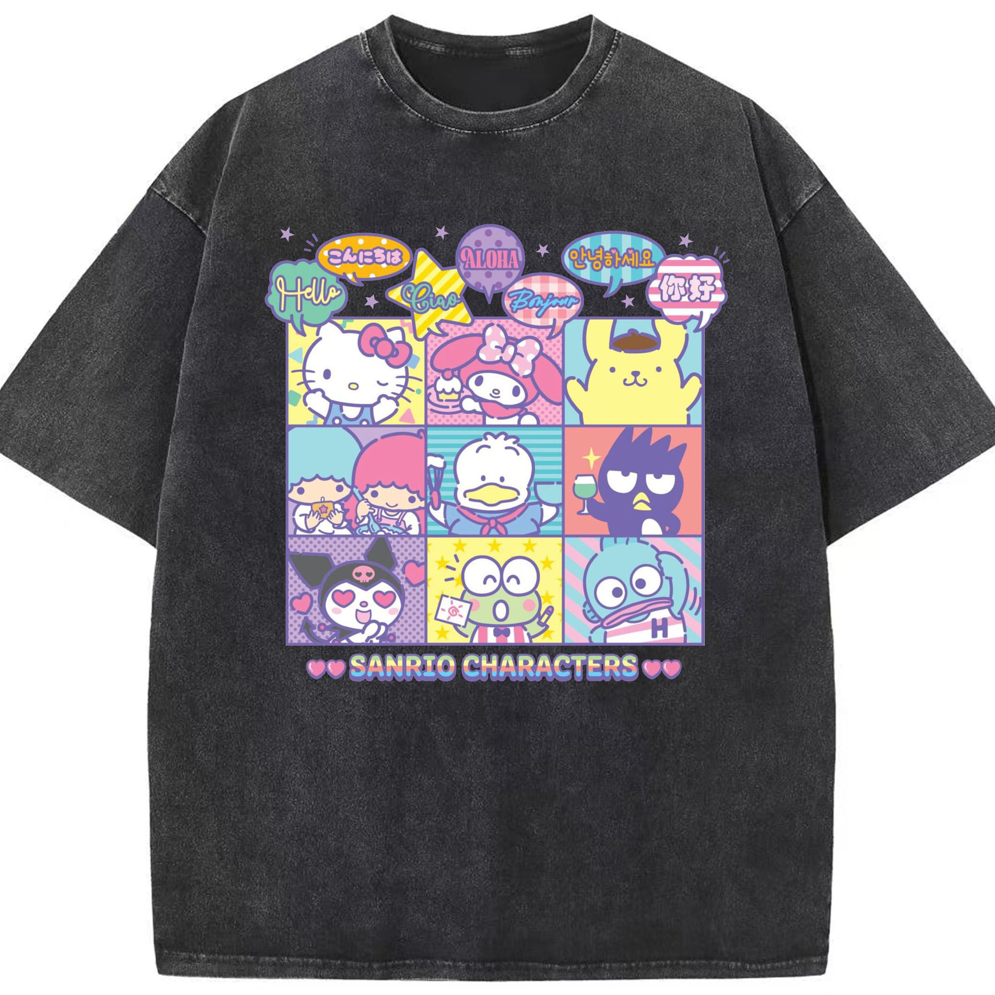 サンリオファミリー 2025年新作 - 綿100％ ヴィンテージ風 半袖Tシャツ ・ フロントプリント ・ 柔らか肌触り ・ 通気性 快適 ・ スポーツ カジュアル 外出用