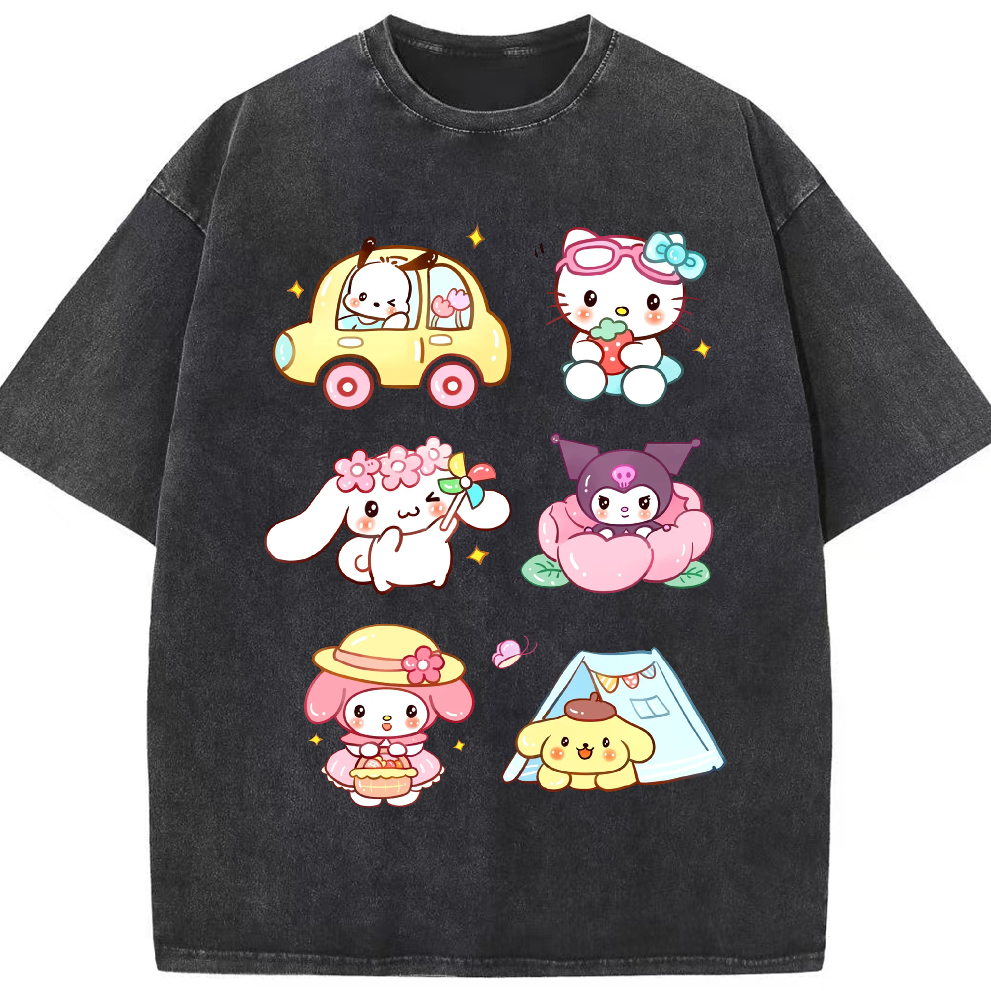 おもしろサンリオ - 綿100％ ヴィンテージ風 半袖Tシャツ ・ フロントプリント ・ 柔らか肌触り ・ 通気性 快適 ・ スポーツ カジュアル 外出用