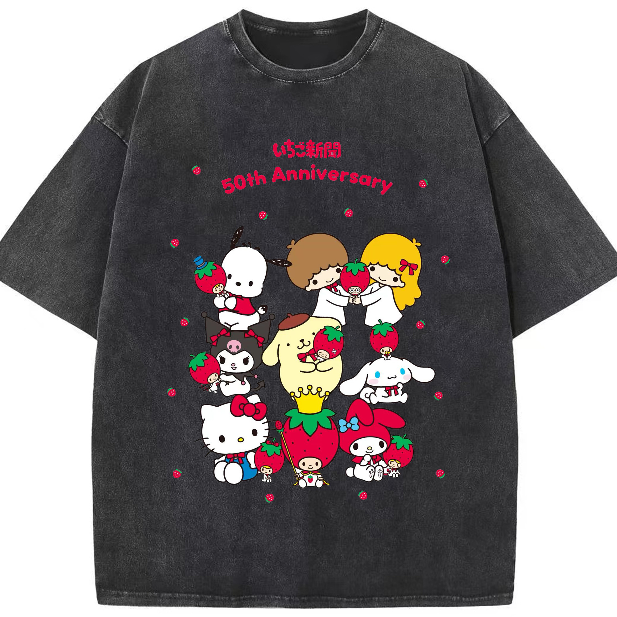 いちごサンリオ - 綿100％ ヴィンテージ風 半袖Tシャツ ・ フロントプリント ・ 柔らか肌触り ・ 通気性 快適 ・ スポーツ カジュアル 外出用