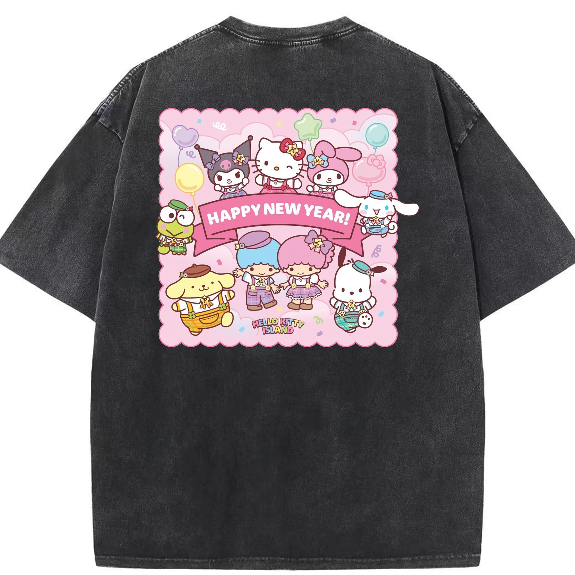 とってもかわいいサンリオファミリー - 綿100％ ヴィンテージ風 半袖Tシャツ ・ 背面プリント ・ 柔らか肌触り ・ 通気性 快適 ・ スポーツ カジュアル 外出用