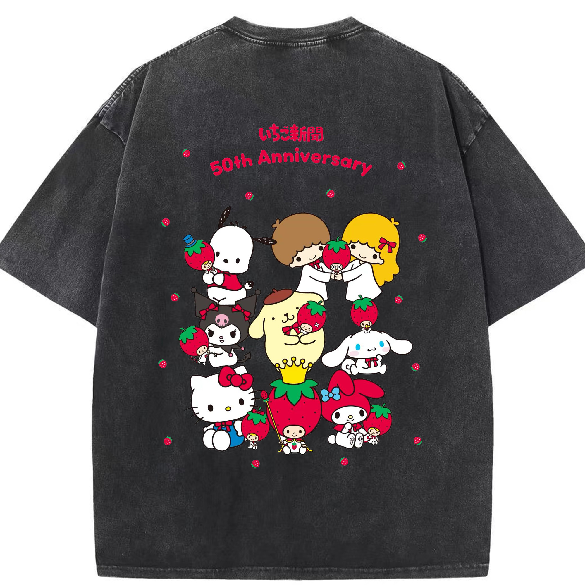 いちごサンリオ - 綿100％ ヴィンテージ風 半袖Tシャツ ・ 背面プリント ・ 柔らか肌触り ・ 通気性 快適 ・ スポーツ カジュアル 外出用