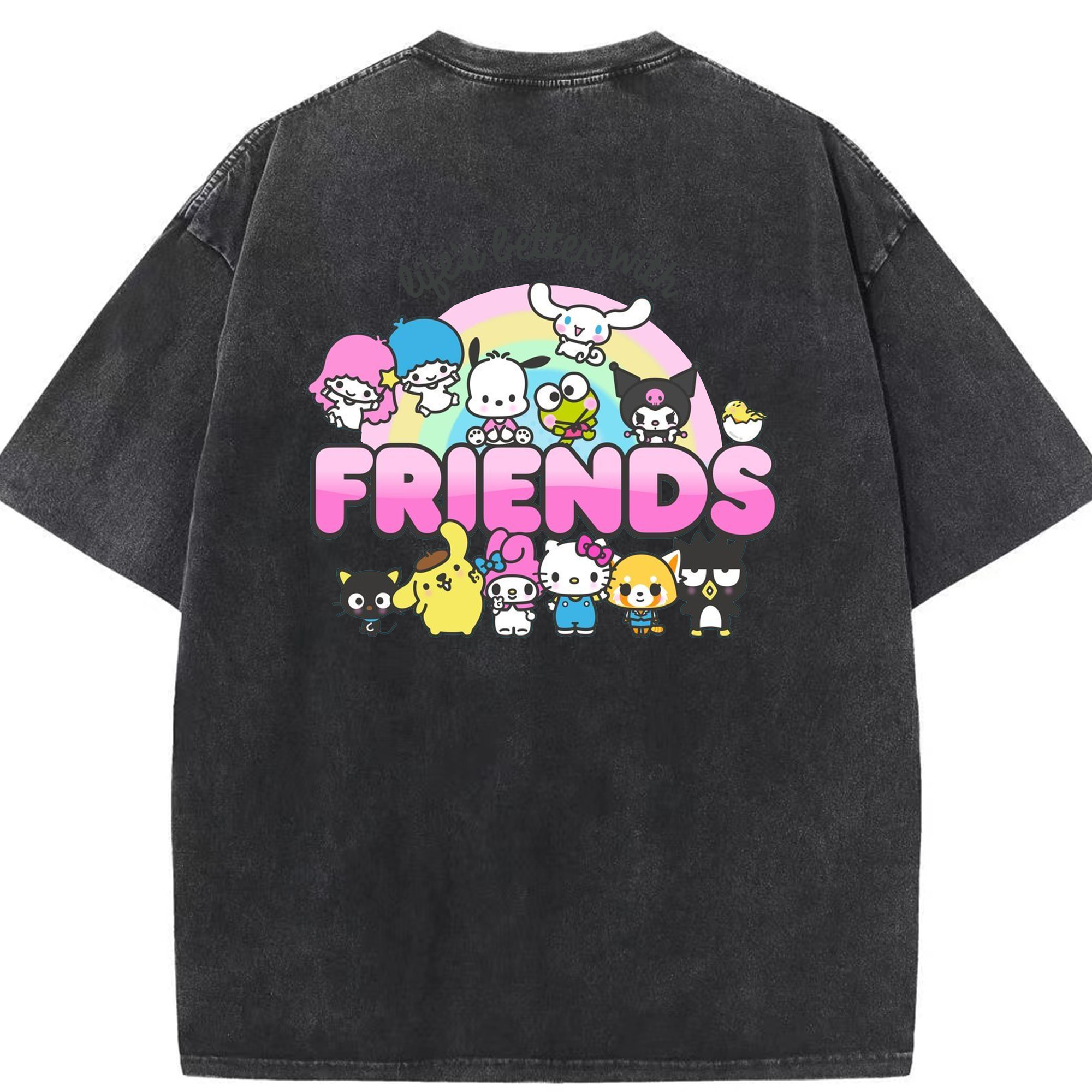 サンリオファミリー新作 - 綿100％ ヴィンテージ風 半袖Tシャツ ・ 背面プリント ・ 柔らか肌触り ・ 通気性 快適 ・ スポーツ カジュアル 外出用