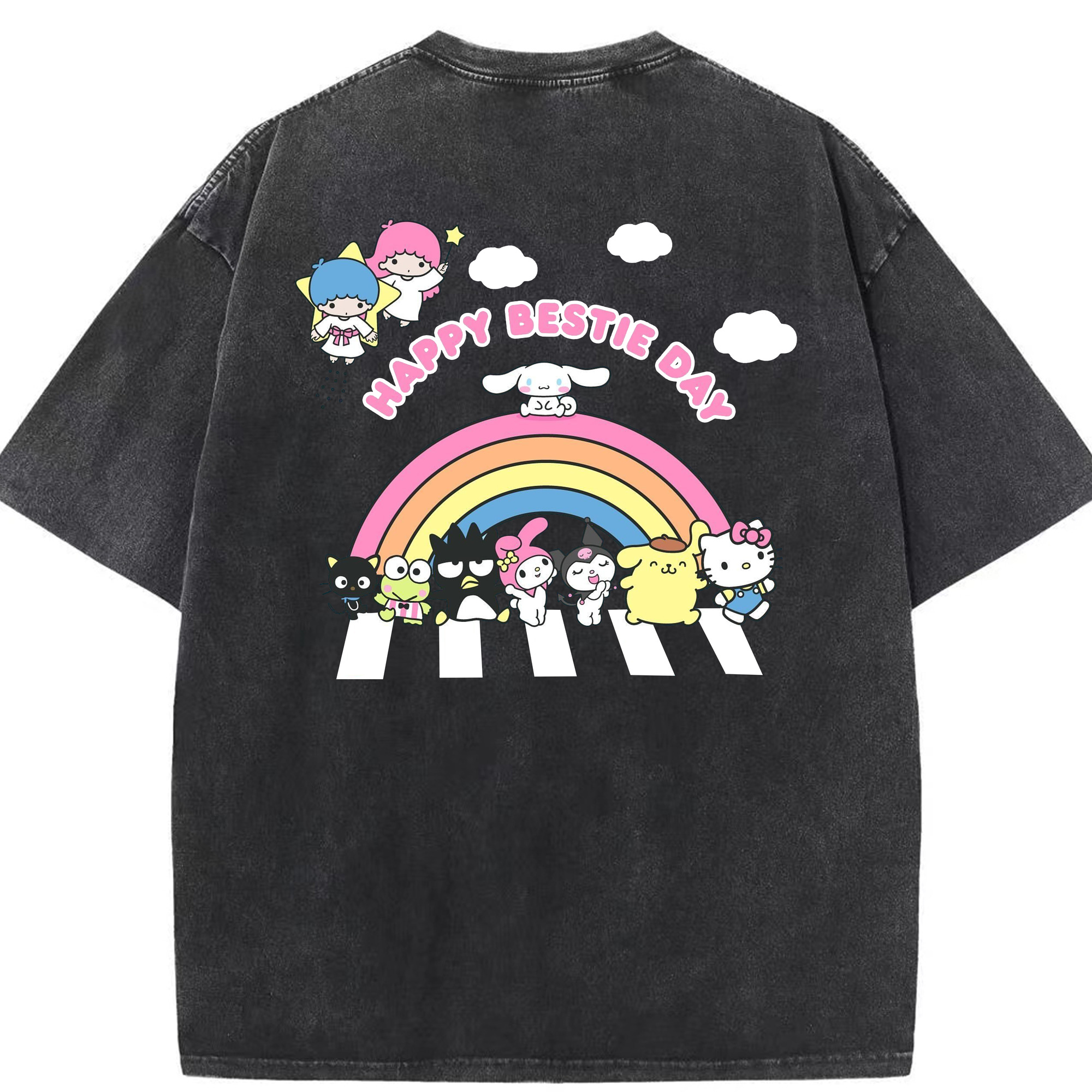 サンリオ - 綿100％ ヴィンテージ風 半袖Tシャツ ・ 背面プリント ・ 柔らか肌触り ・ 通気性 快適 ・ スポーツ カジュアル 外出用