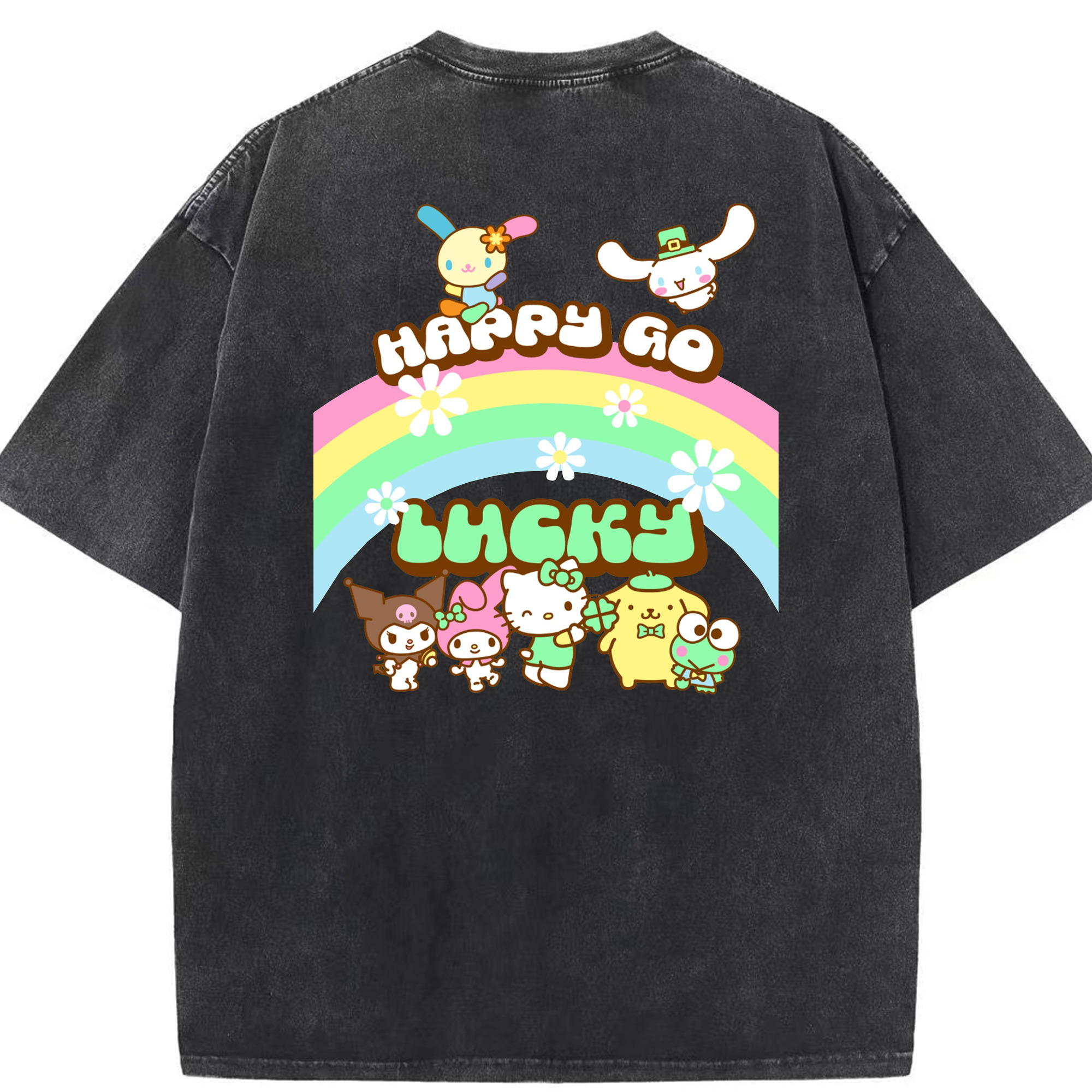 サンリオファミリー新作 - 綿100％ ヴィンテージ風 半袖Tシャツ ・ 背面プリント ・ 柔らか肌触り ・ 通気性 快適 ・ スポーツ カジュアル 外出用