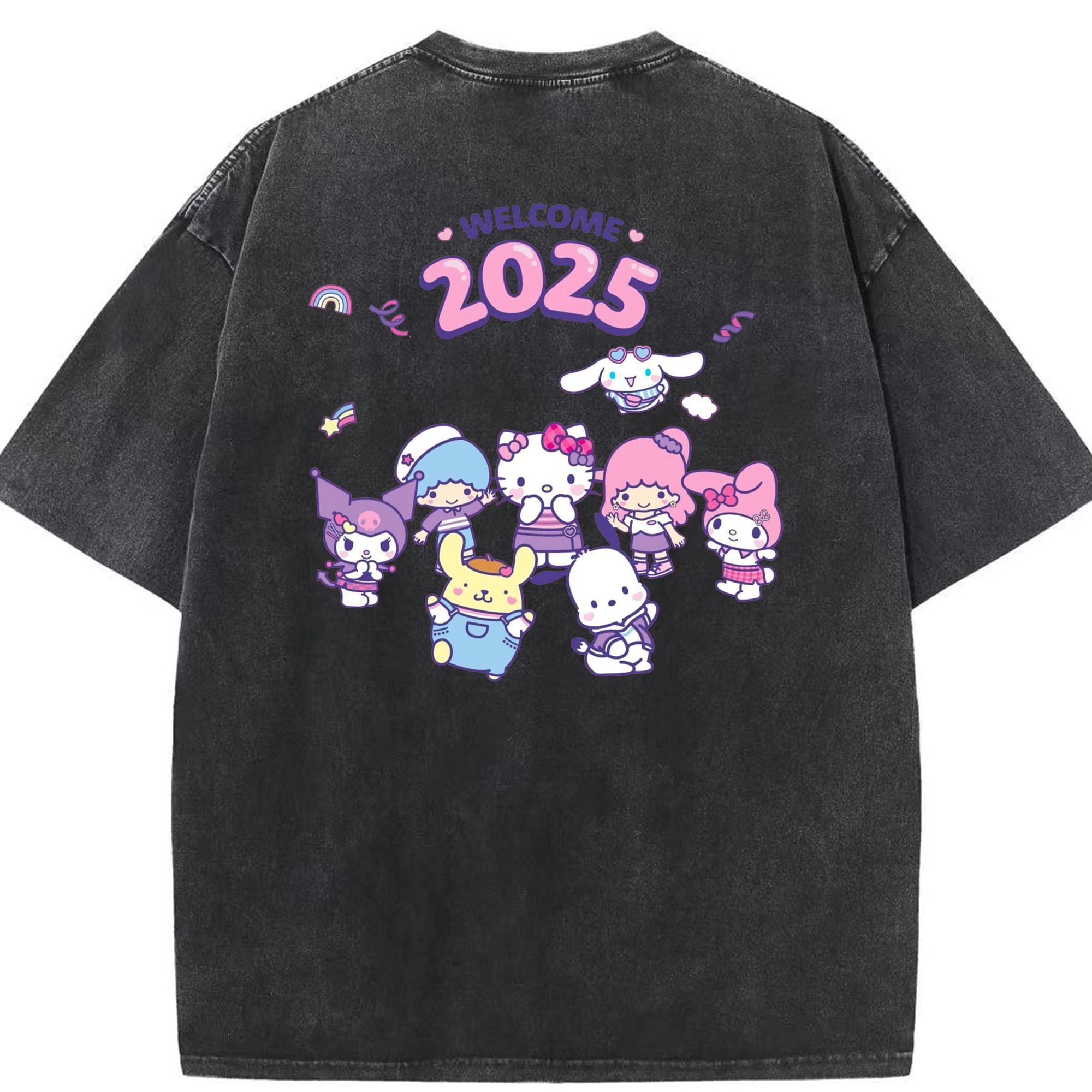 サンリオファミリー 2025年新作 - 綿100％ ヴィンテージ風 半袖Tシャツ ・ 背面プリント ・ 柔らか肌触り ・ 通気性 快適 ・ スポーツ カジュアル 外出用