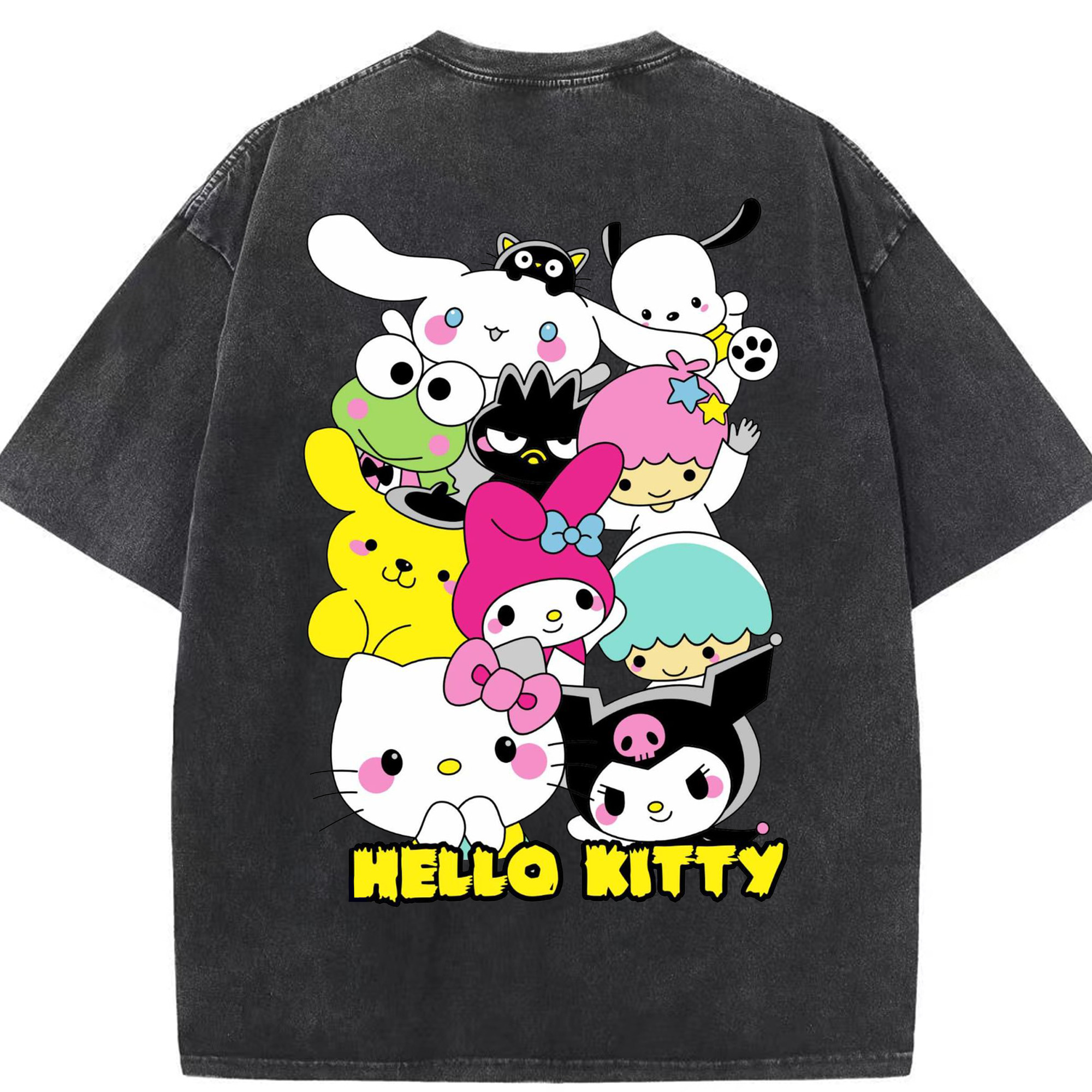 とってもかわいいサンリオファミリー - 綿100％ ヴィンテージ風 半袖Tシャツ ・ 背面プリント ・ 柔らか肌触り ・ 通気性 快適 ・ スポーツ カジュアル 外出用