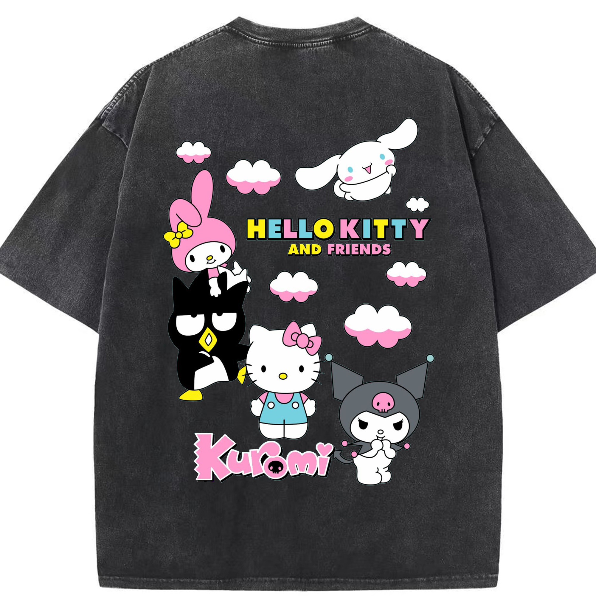 カラフルでポップ！レインボーサンリオ - 綿100％ ヴィンテージ風 半袖Tシャツ ・ 背面プリント ・ 柔らか肌触り ・ 通気性 快適 ・ スポーツ カジュアル 外出用