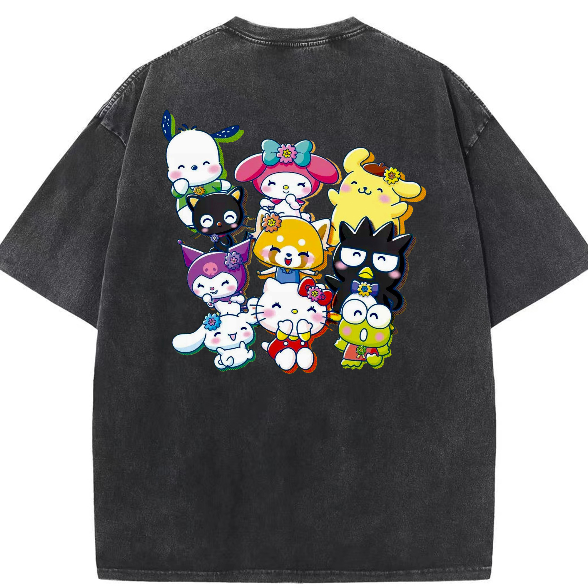 サンリオファミリー - 綿100％ ヴィンテージ風 半袖Tシャツ ・ 背面プリント ・ 柔らか肌触り ・ 通気性 快適 ・ スポーツ カジュアル 外出用