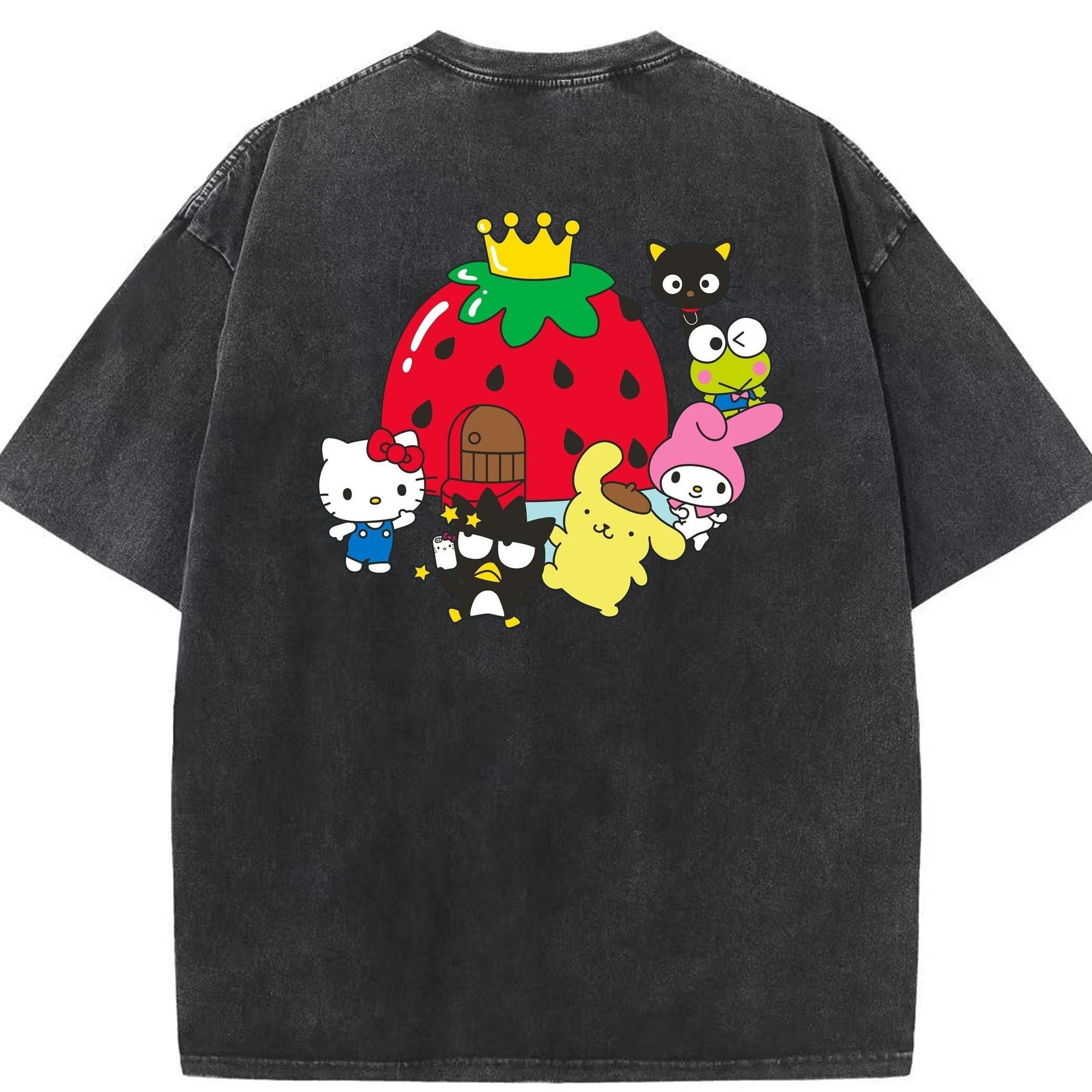 いちごサンリオ - 綿100％ ヴィンテージ風 半袖Tシャツ ・ 背面プリント ・ 柔らか肌触り ・ 通気性 快適 ・ スポーツ カジュアル 外出用