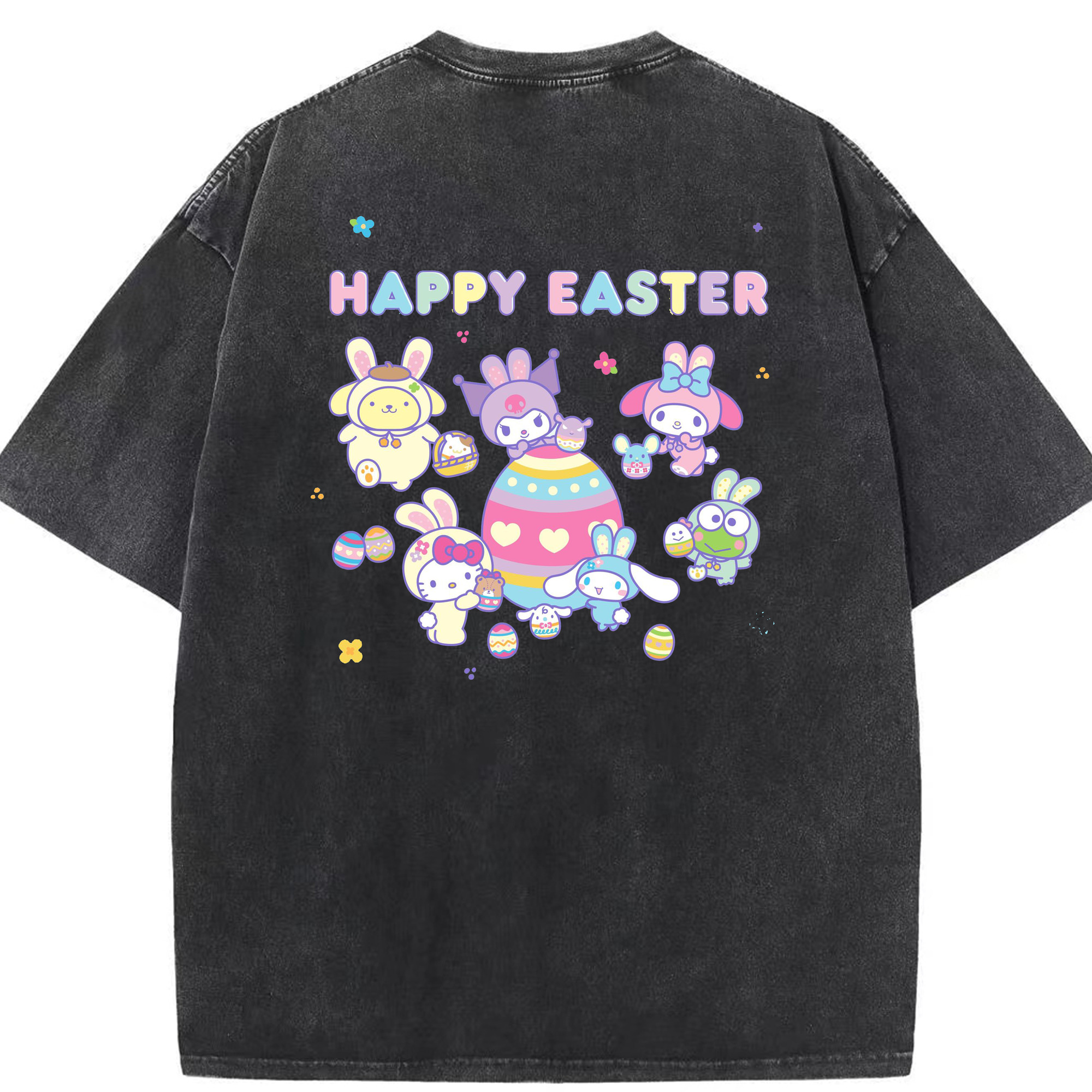 サンリオファミリー - 綿100％ ヴィンテージ風 半袖Tシャツ ・ 背面プリント ・ 柔らか肌触り ・ 通気性 快適 ・ スポーツ カジュアル 外出用