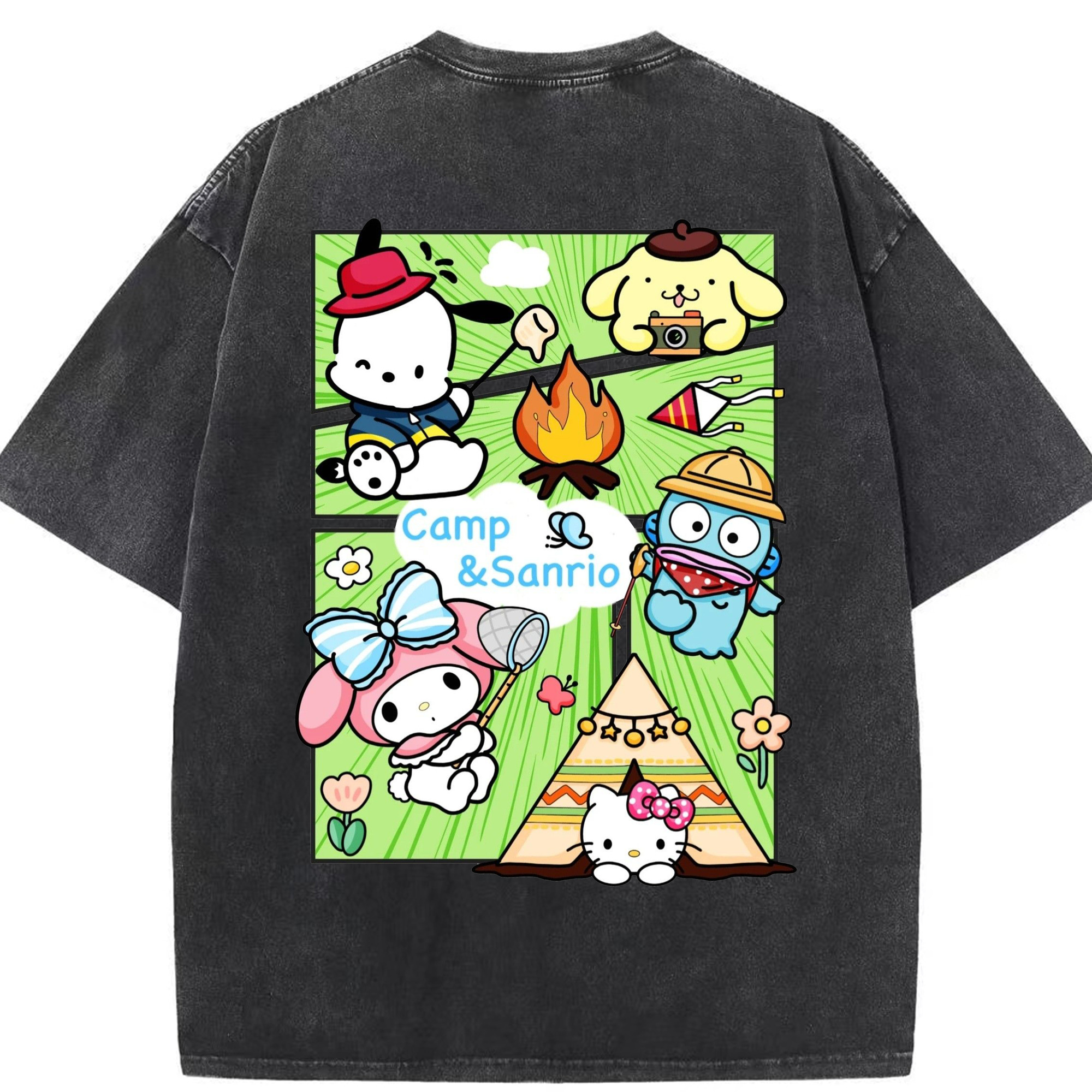 おもしろサンリオ - 綿100％ ヴィンテージ風 半袖Tシャツ ・ 背面プリント ・ 柔らか肌触り ・ 通気性 快適 ・ スポーツ カジュアル 外出用