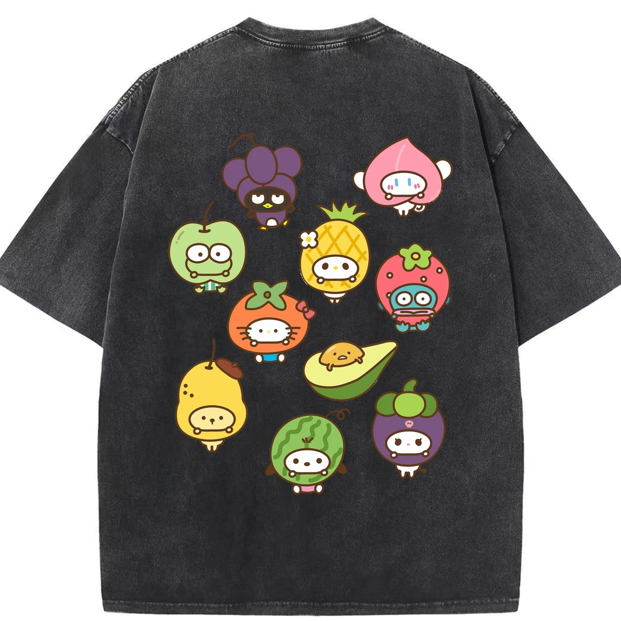 フルーツサンリオ - 綿100％ ヴィンテージ風 半袖Tシャツ ・ 背面プリント ・ 柔らか肌触り ・ 通気性 快適 ・ スポーツ カジュアル 外出用