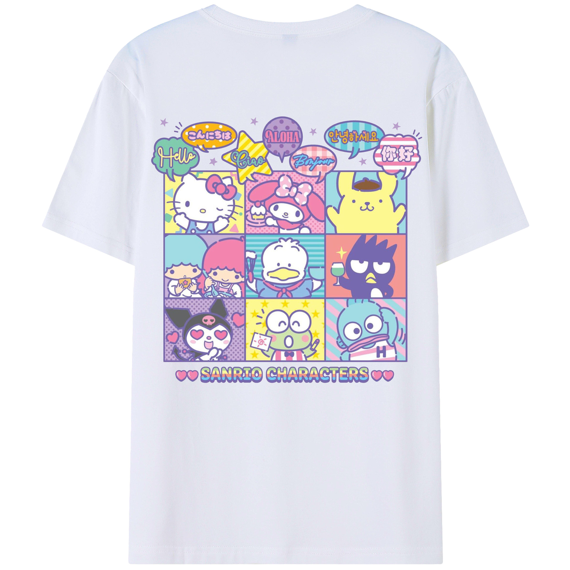 サンリオファミリー 2025年新作 - レディース半袖Tシャツ ・ 綿100％ ・ バックプリント ・ 強化クルーネック ・ 二重折り袖口 ・ 快適 通気性 ・ フィットネス カジュアル 旅行用