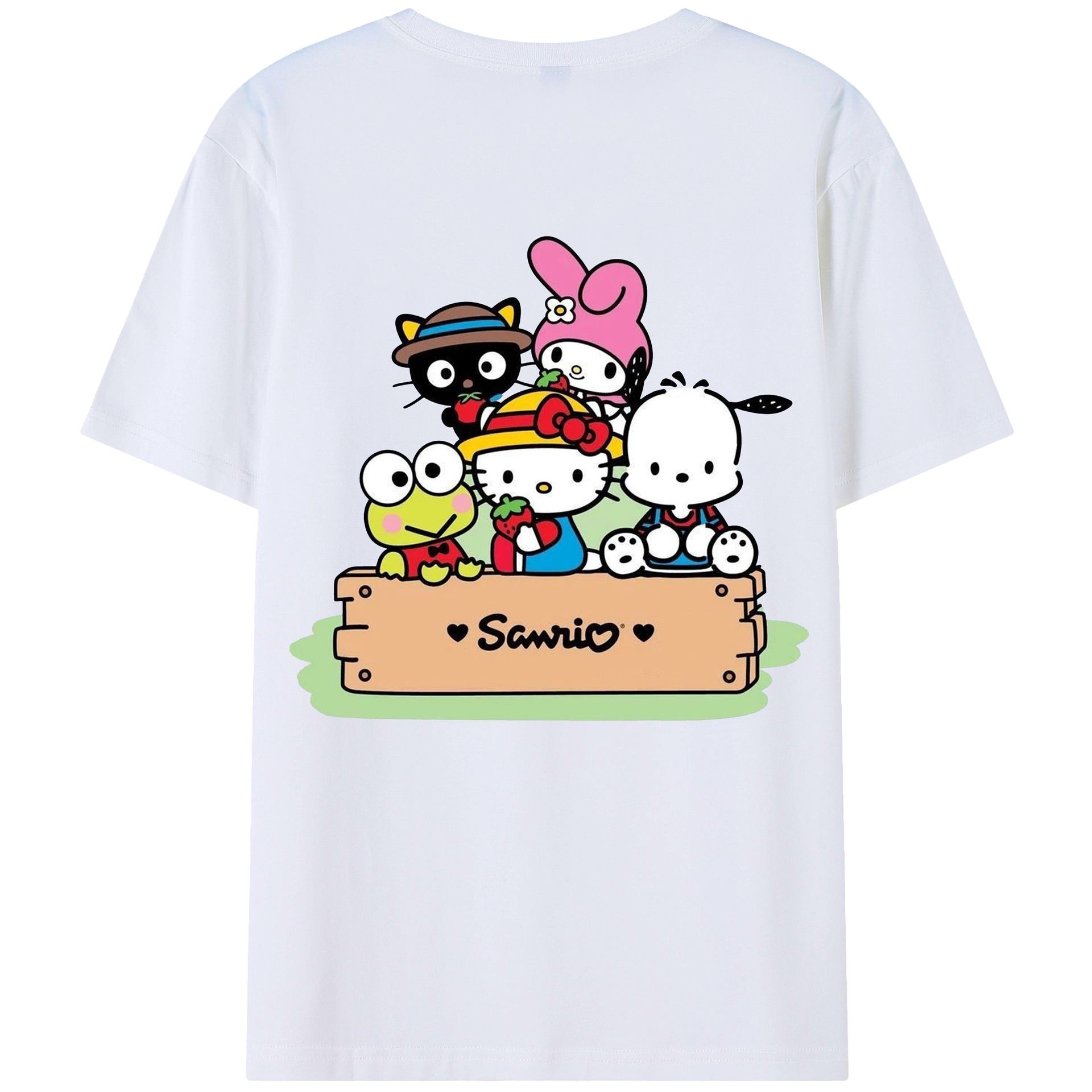 とってもかわいいサンリオファミリー - レディース半袖Tシャツ ・ 綿100％ ・ バックプリント ・ 強化クルーネック ・ 二重折り袖口 ・ 快適 通気性 ・ フィットネス カジュアル 旅行用