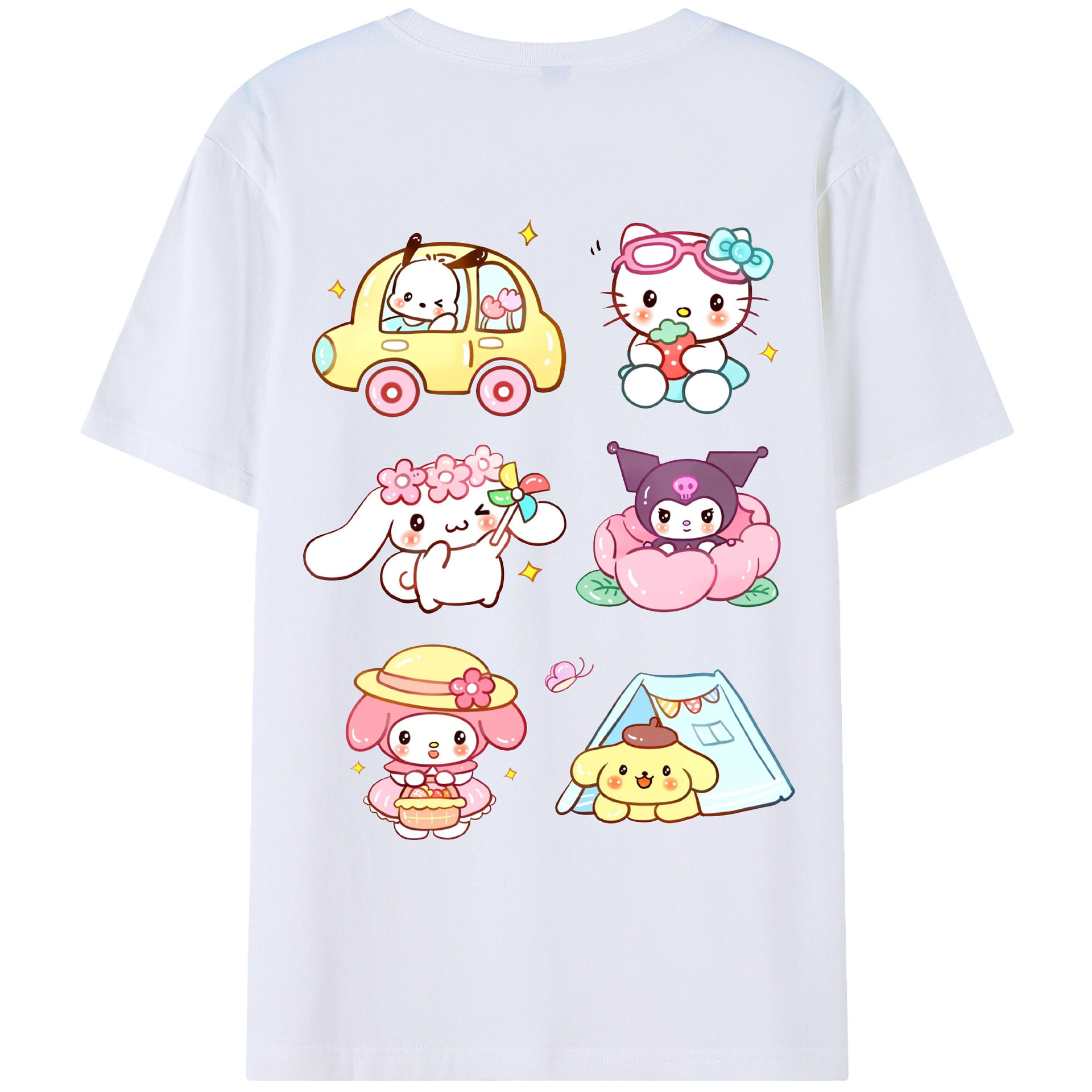 おもしろサンリオ - レディース半袖Tシャツ ・ 綿100％ ・ バックプリント ・ 強化クルーネック ・ 二重折り袖口 ・ 快適 通気性 ・ フィットネス カジュアル 旅行用