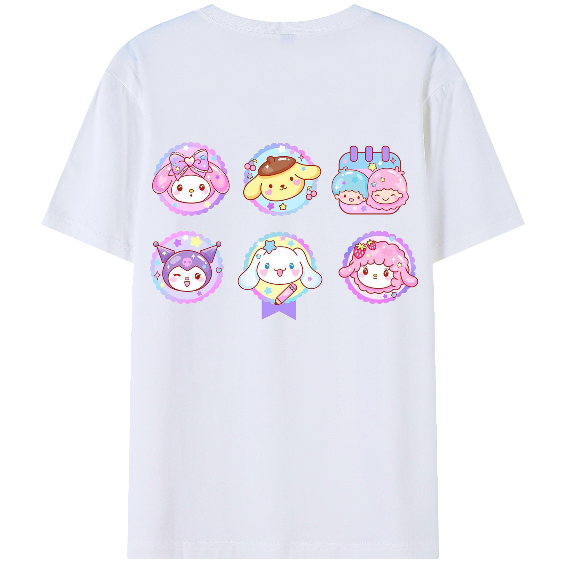 サンリオ - レディース半袖Tシャツ ・ 綿100％ ・ バックプリント ・ 強化クルーネック ・ 二重折り袖口 ・ 快適 通気性 ・ フィットネス カジュアル 旅行用