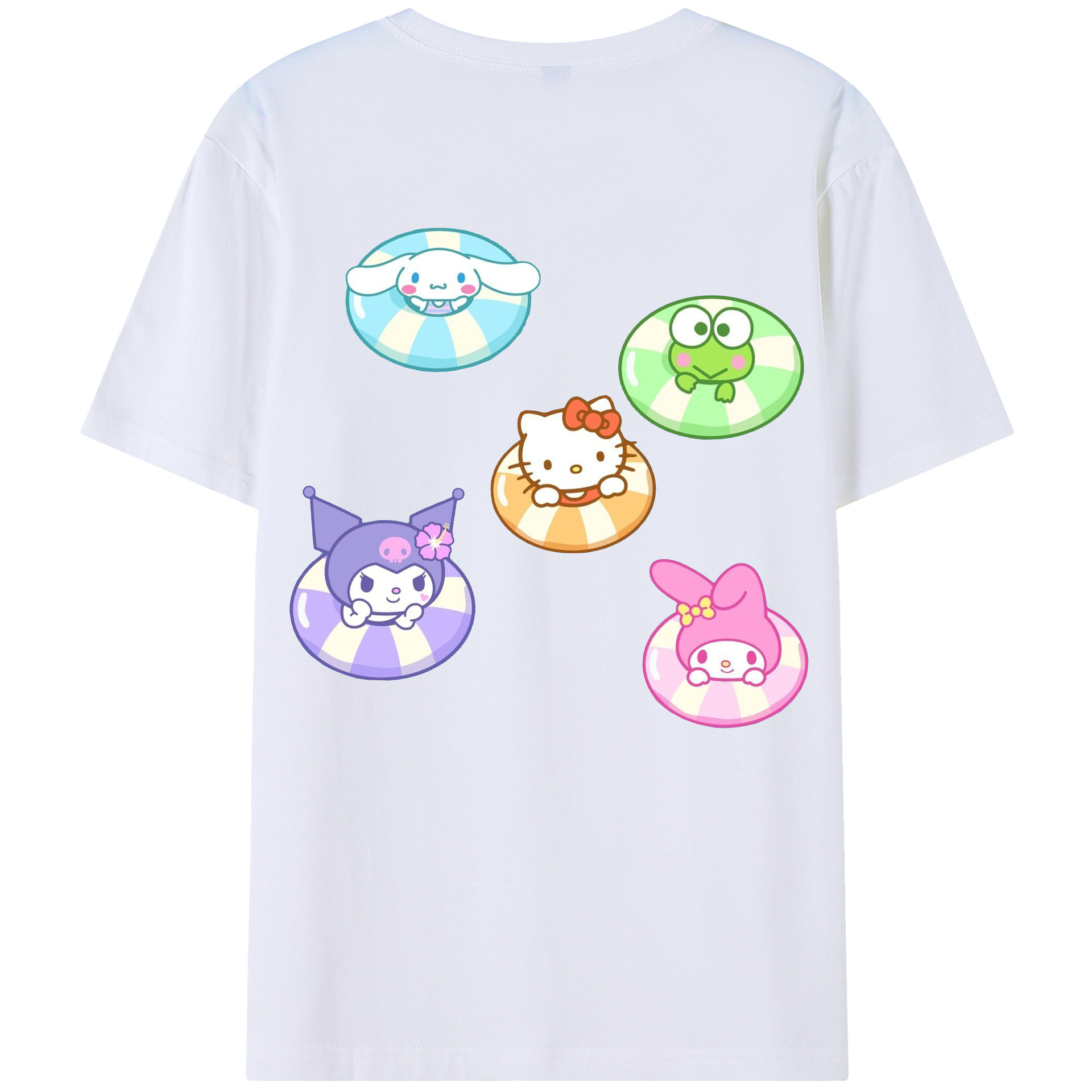 おもしろサンリオ - レディース半袖Tシャツ ・ 綿100％ ・ バックプリント ・ 強化クルーネック ・ 二重折り袖口 ・ 快適 通気性 ・ フィットネス カジュアル 旅行用