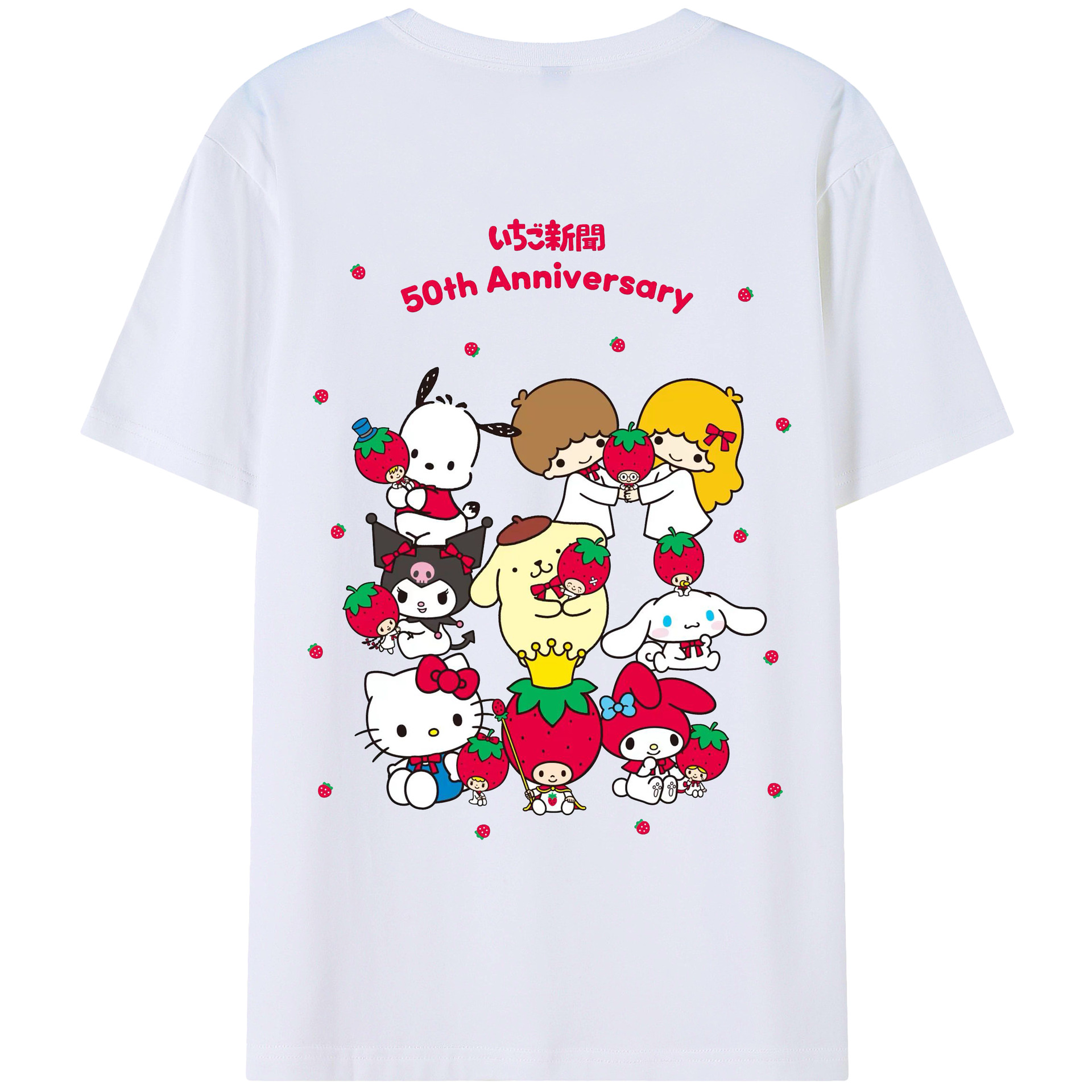 いちごサンリオ - レディース半袖Tシャツ ・ 綿100％ ・ バックプリント ・ 強化クルーネック ・ 二重折り袖口 ・ 快適 通気性 ・ フィットネス カジュアル 旅行用