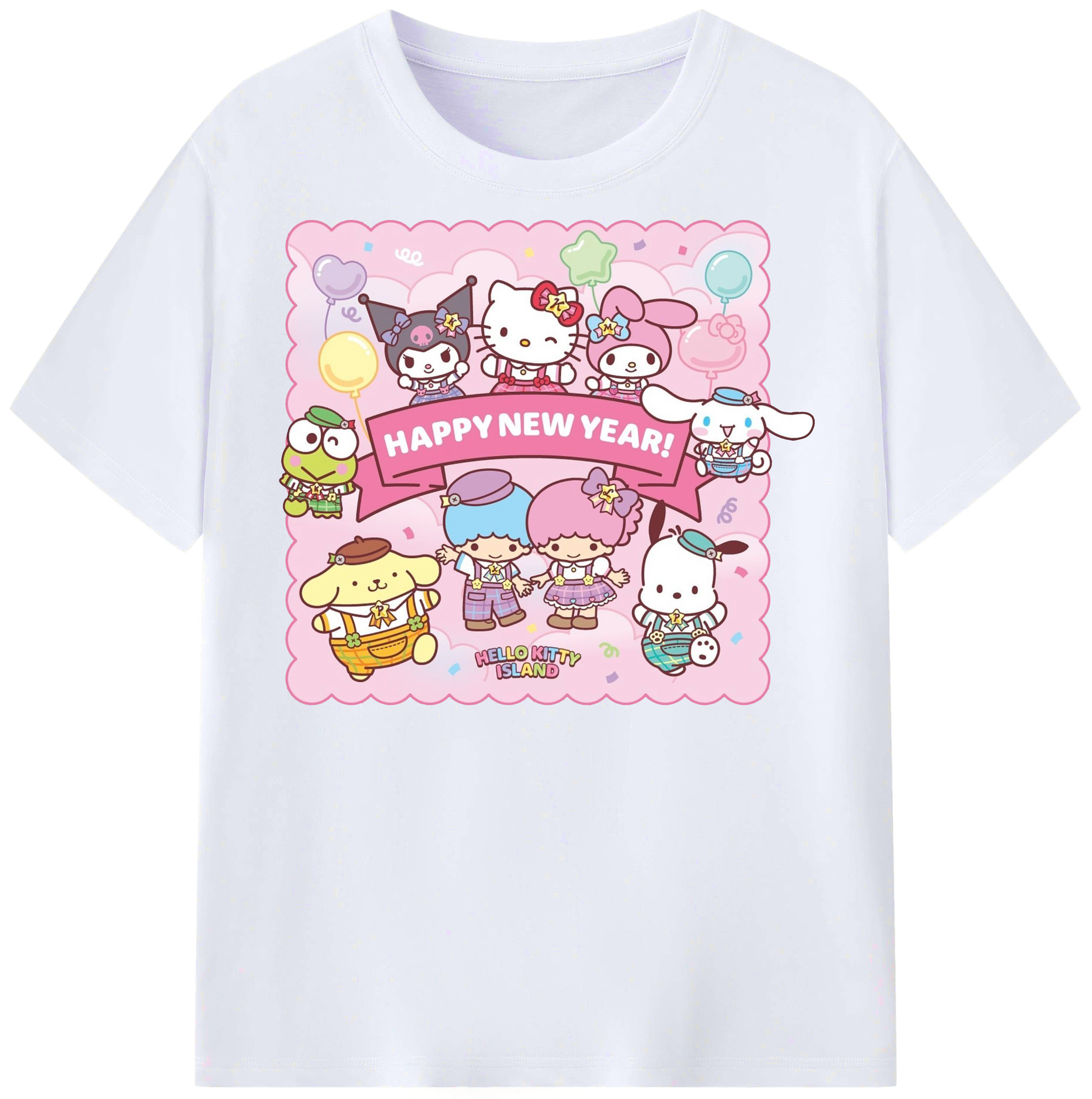 とってもかわいいサンリオファミリー - レディースカジュアルプリントTシャツ ・ 綿100％ ・ クルーネック ・ フロントプリント ・ 柔らかく快適 ・ フィットネス カジュアル 旅行用