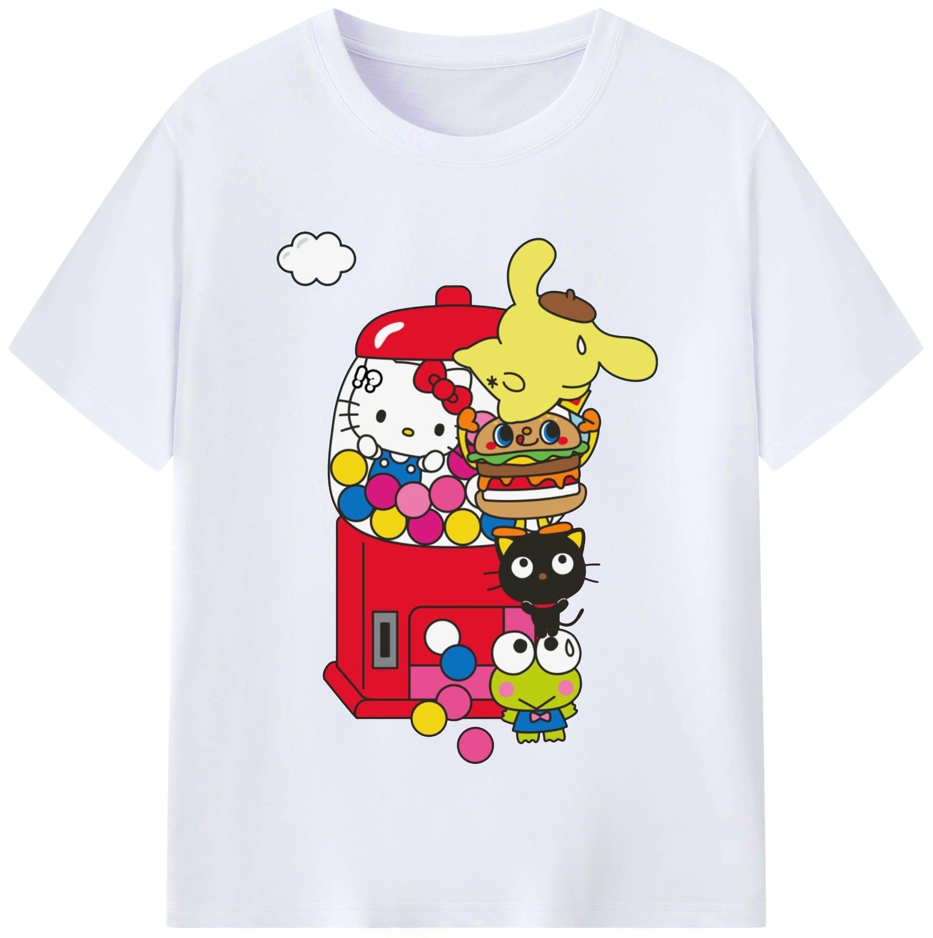 サンリオファミリー - レディースカジュアルプリントTシャツ ・ 綿100％ ・ クルーネック ・ フロントプリント ・ 柔らかく快適 ・ フィットネス カジュアル 旅行用