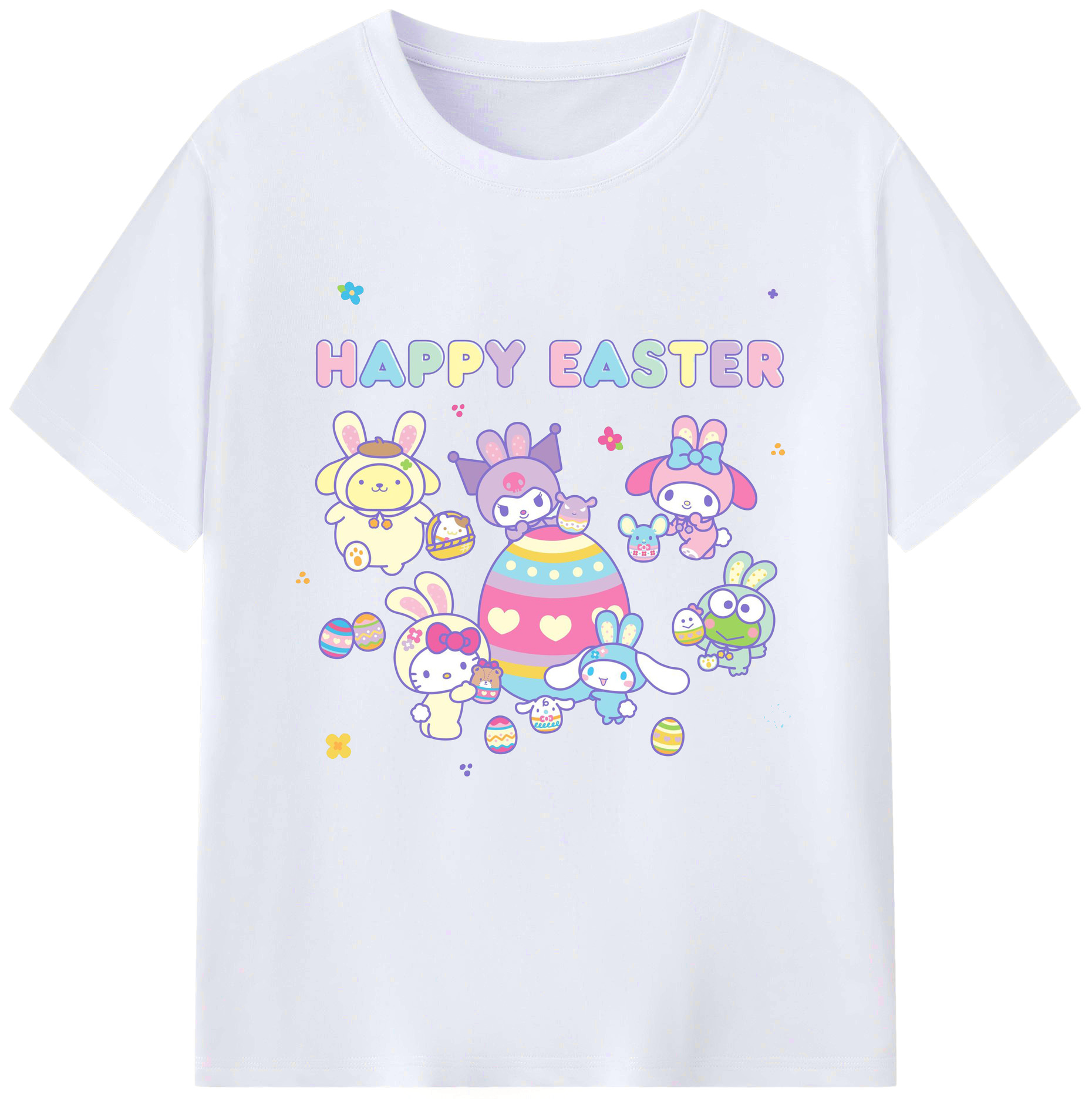 サンリオファミリー - レディースカジュアルプリントTシャツ ・ 綿100％ ・ クルーネック ・ フロントプリント ・ 柔らかく快適 ・ フィットネス カジュアル 旅行用