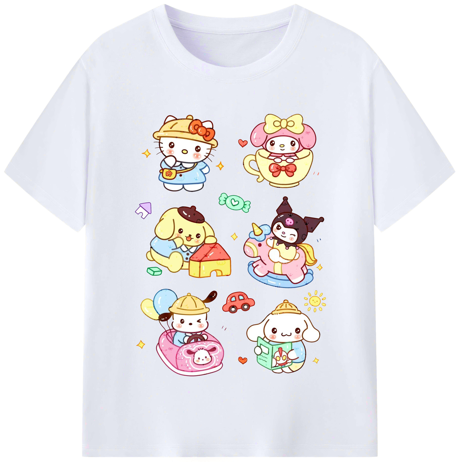 おもしろサンリオ - レディースカジュアルプリントTシャツ ・ 綿100％ ・ クルーネック ・ フロントプリント ・ 柔らかく快適 ・ フィットネス カジュアル 旅行用