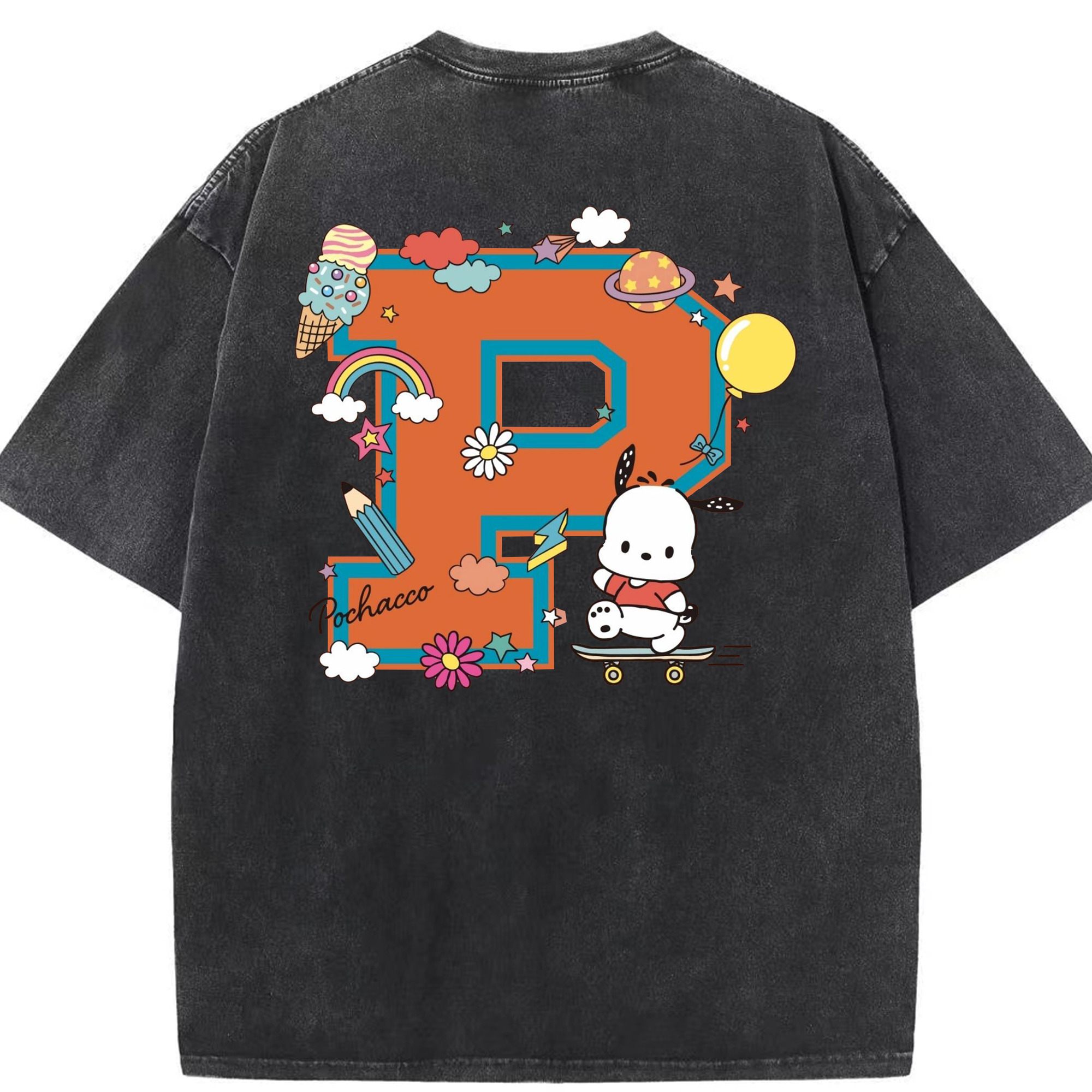 サンリオポチャッコ - 綿100％ ヴィンテージ風 半袖Tシャツ ・ 背面プリント ・ 柔らか肌触り ・ 通気性 快適 ・ スポーツ カジュアル 外出用