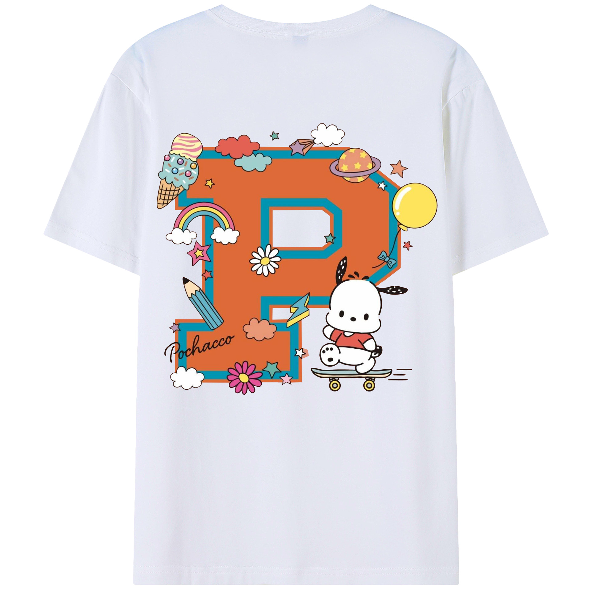 サンリオポチャッコ - レディース半袖Tシャツ ・ 綿100％ ・ バックプリント ・ 強化クルーネック ・ 二重折り袖口 ・ 快適 通気性 ・ フィットネス カジュアル 旅行用