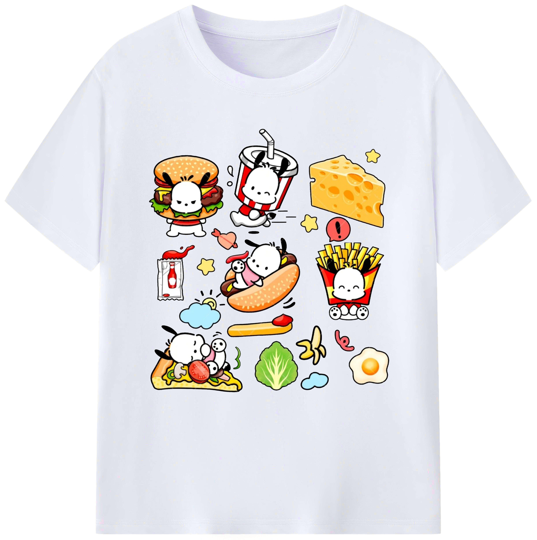 ハンバーガーパッチャコ - レディースカジュアルプリントTシャツ ・ 綿100％ ・ クルーネック ・ フロントプリント ・ 柔らかく快適 ・ フィットネス カジュアル 旅行用