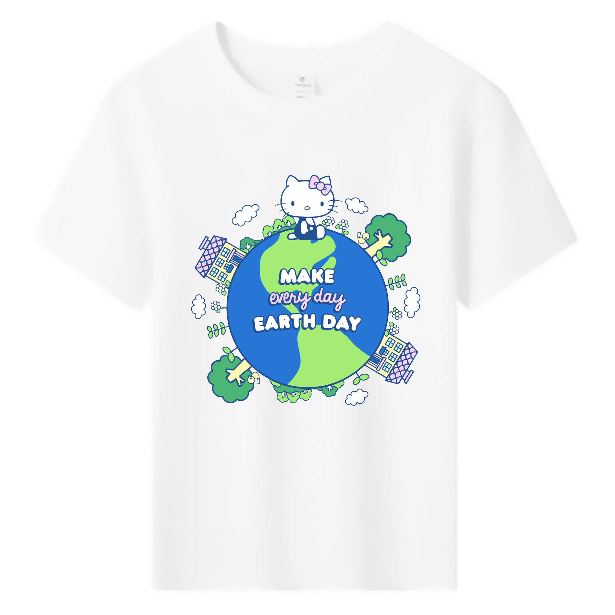 環境にやさしいハローキティ - 綿100％ キッズTシャツ ・ フロントプリント ・ 快適 通気性 ・ スポーツ カジュアル 散歩用