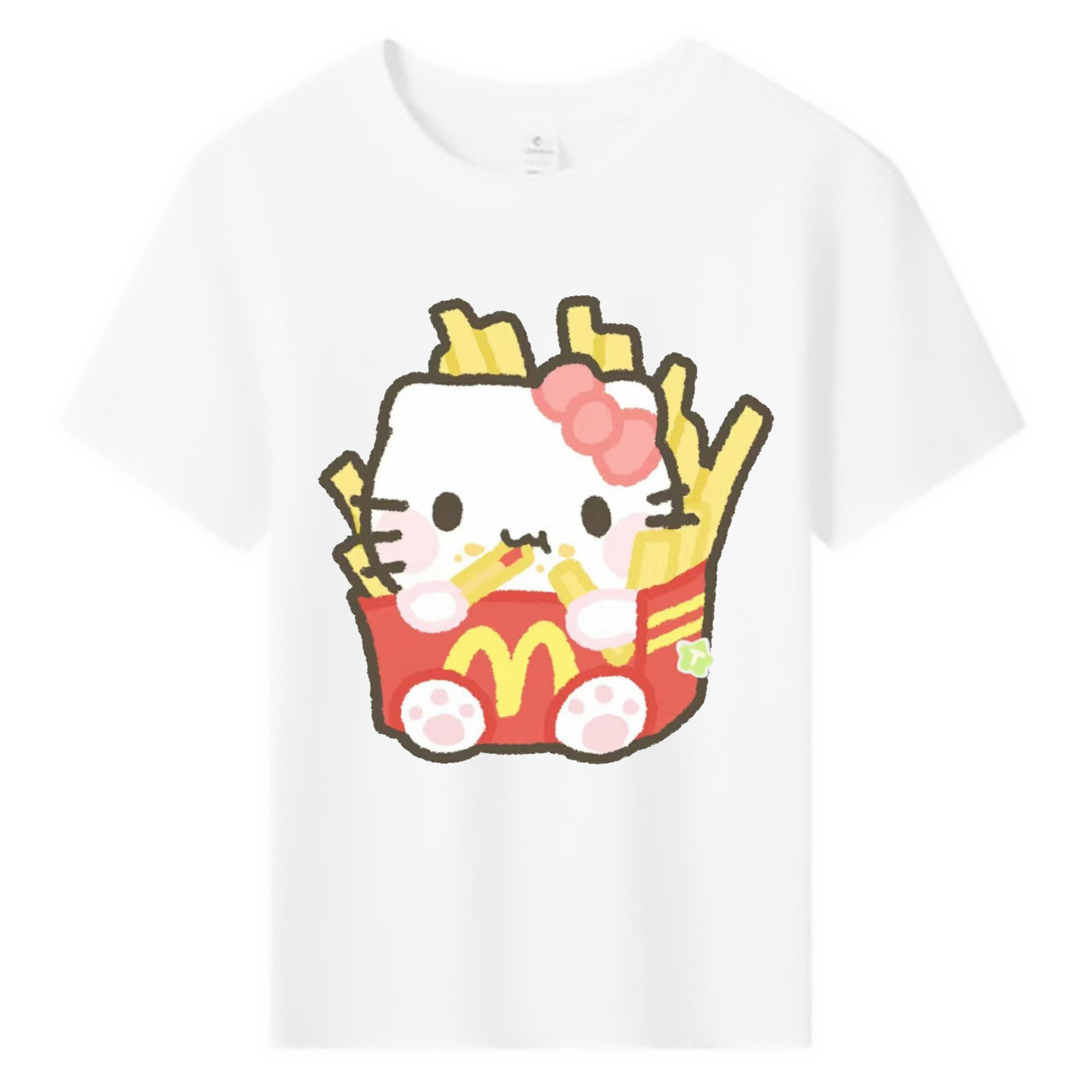 フライドポテトモチーフのハローキティ（ - 綿100％ キッズTシャツ ・ フロントプリント ・ 快適 通気性 ・ スポーツ カジュアル 散歩用