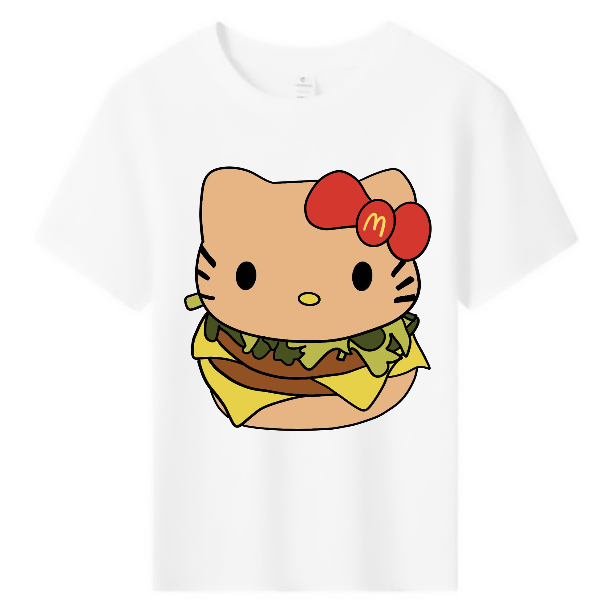 ハンバーガーモチーフのハローキティ - 綿100％ キッズTシャツ ・ フロントプリント ・ 快適 通気性 ・ スポーツ カジュアル 散歩用
