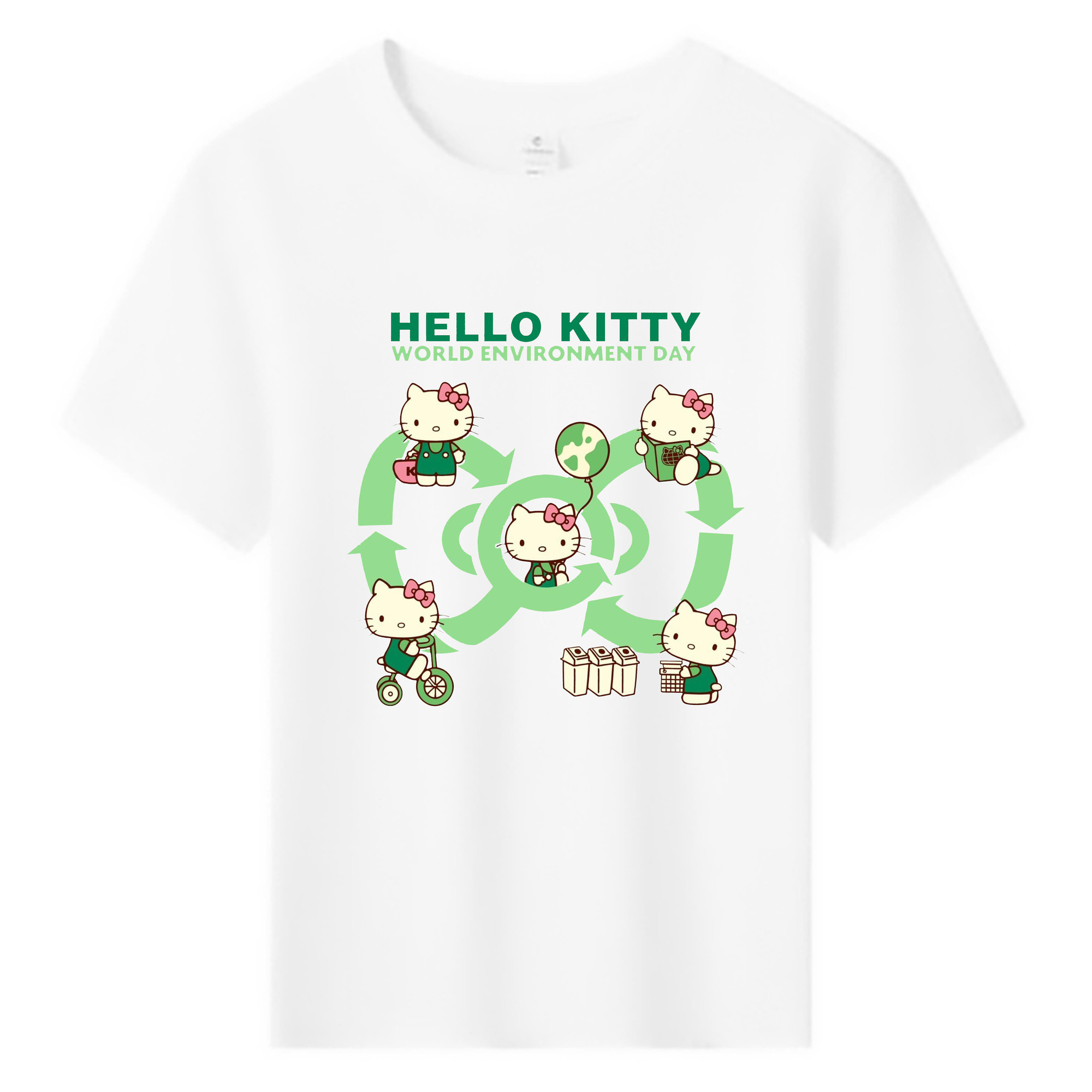 環境にやさしいハローキティ - 綿100％ キッズTシャツ ・ フロントプリント ・ 快適 通気性 ・ スポーツ カジュアル 散歩用