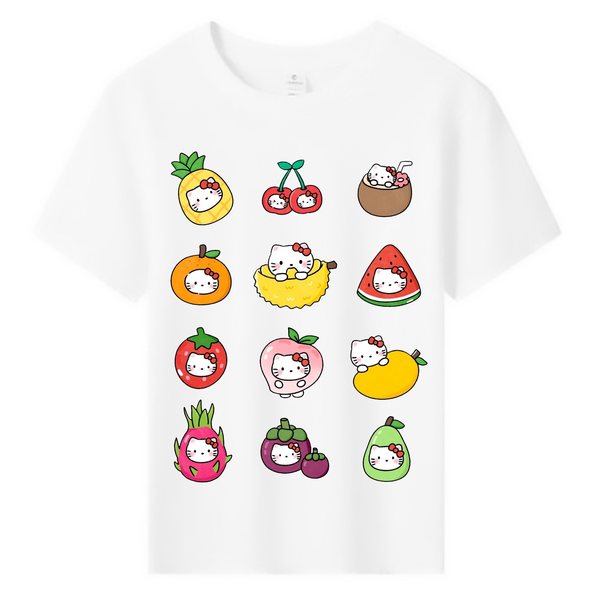 フルーツモチーフのハローキティ - 綿100％ キッズTシャツ ・ フロントプリント ・ 快適 通気性 ・ スポーツ カジュアル 散歩用