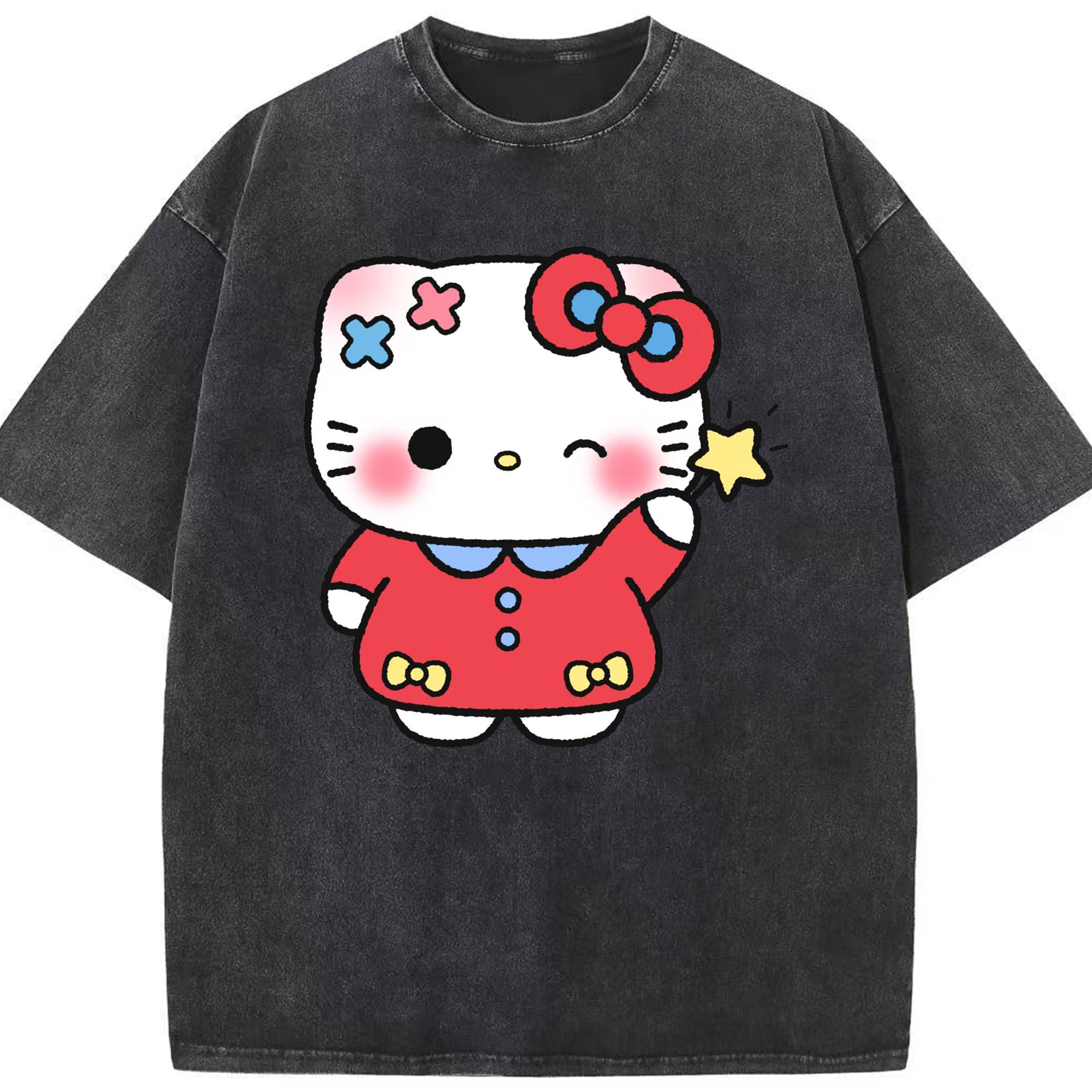 遊び心満載のハローキティ - 綿100％ ヴィンテージ風 半袖Tシャツ ・ フロントプリント ・ 柔らか肌触り ・ 通気性 快適 ・ スポーツ カジュアル 外出用