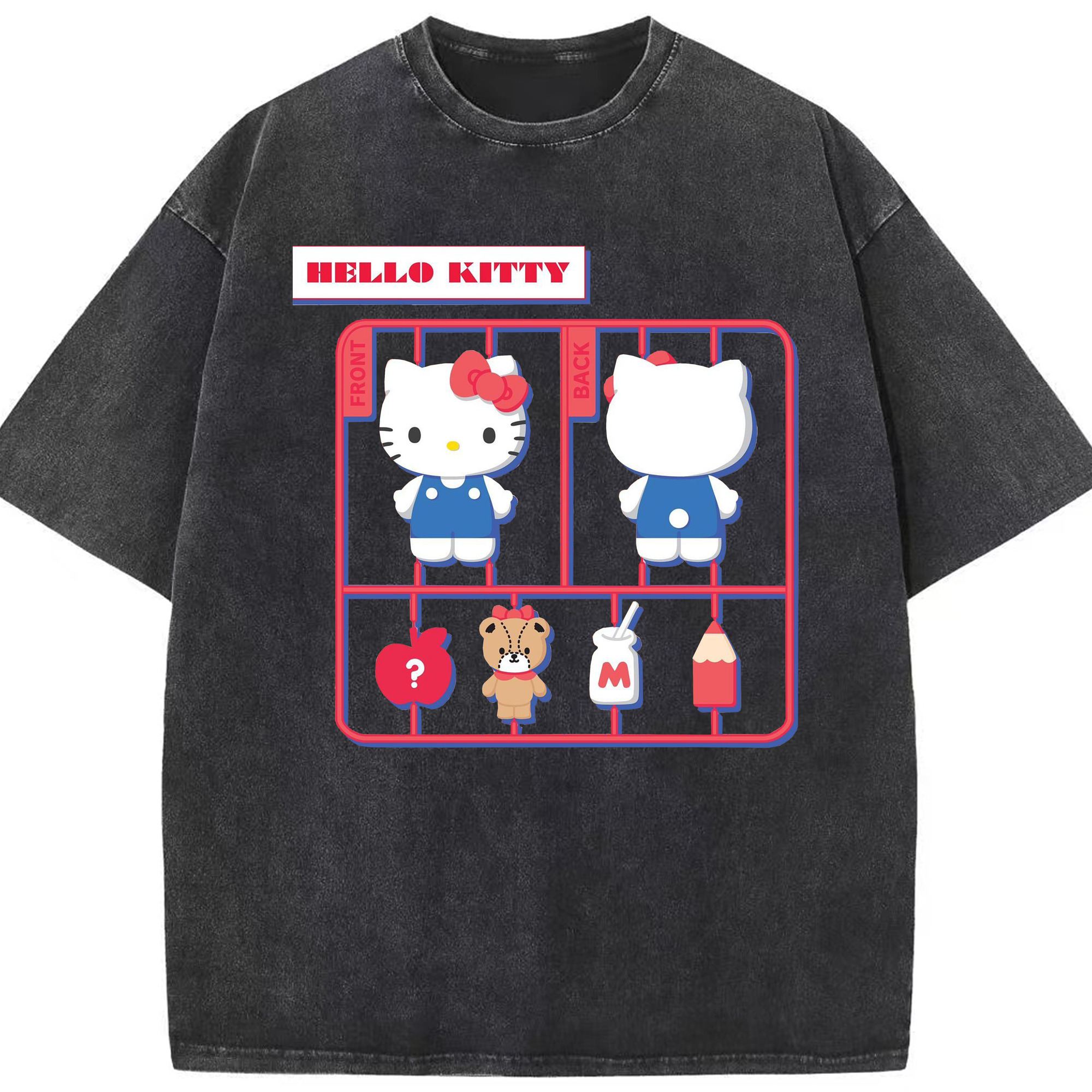 遊び心満載のハローキティ - 綿100％ ヴィンテージ風 半袖Tシャツ ・ フロントプリント ・ 柔らか肌触り ・ 通気性 快適 ・ スポーツ カジュアル 外出用