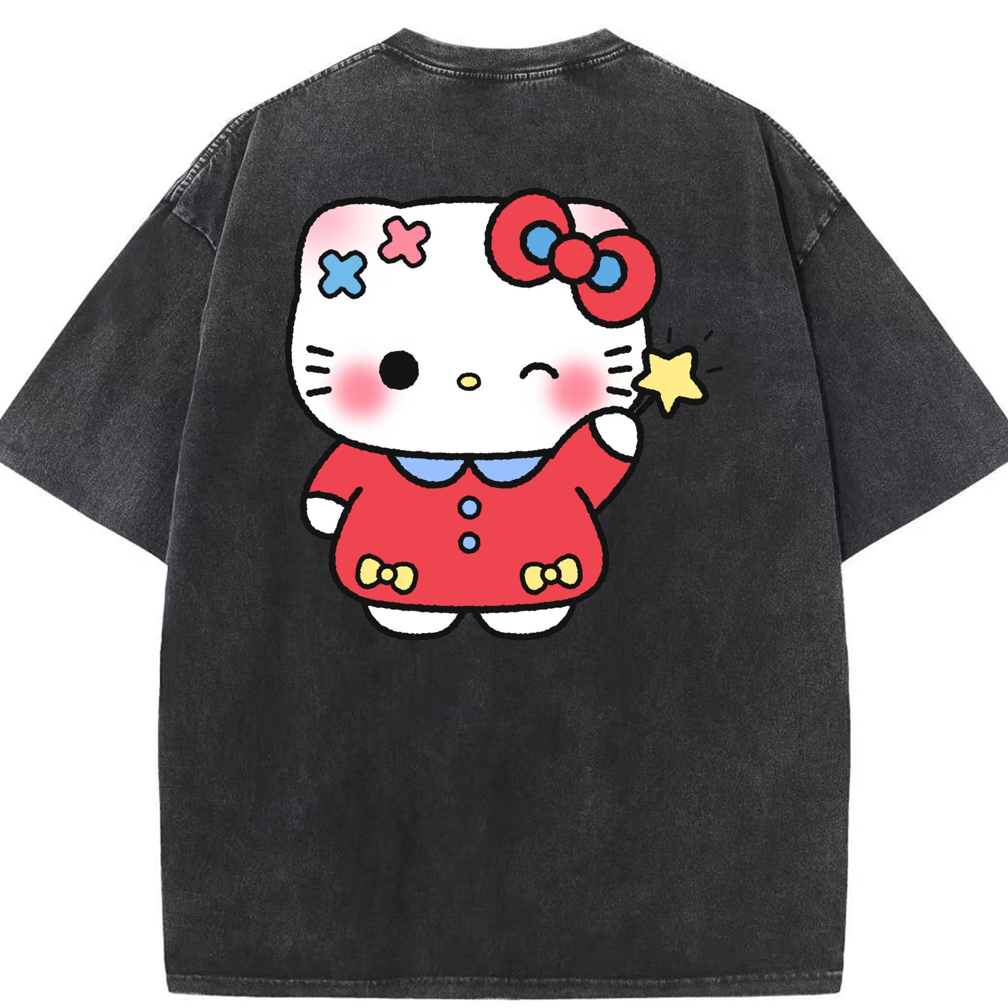 遊び心満載のハローキティ - 綿100％ ヴィンテージ風 半袖Tシャツ ・ 背面プリント ・ 柔らか肌触り ・ 通気性 快適 ・ スポーツ カジュアル 外出用