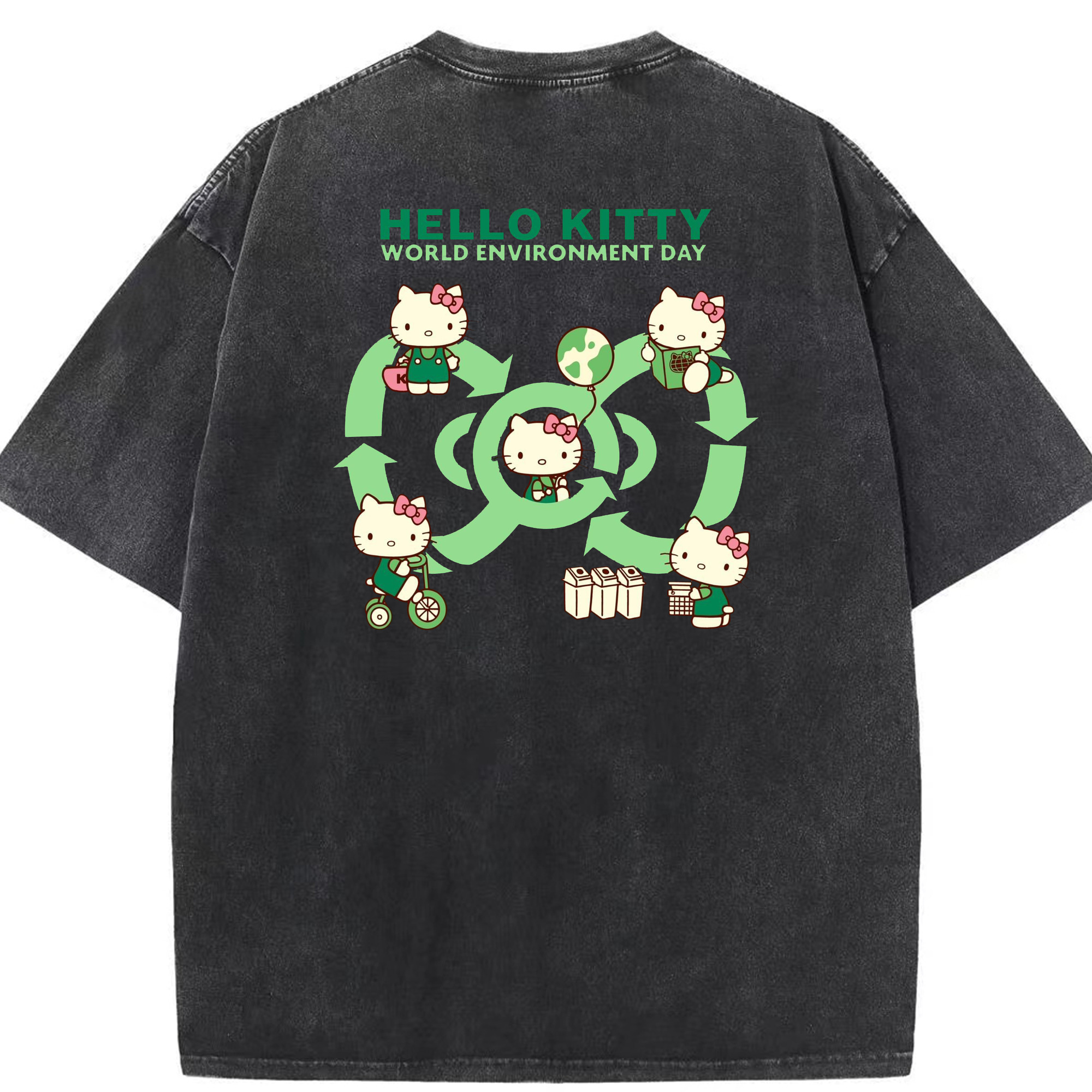 環境にやさしいハローキティ - 綿100％ ヴィンテージ風 半袖Tシャツ ・ 背面プリント ・ 柔らか肌触り ・ 通気性 快適 ・ スポーツ カジュアル 外出用