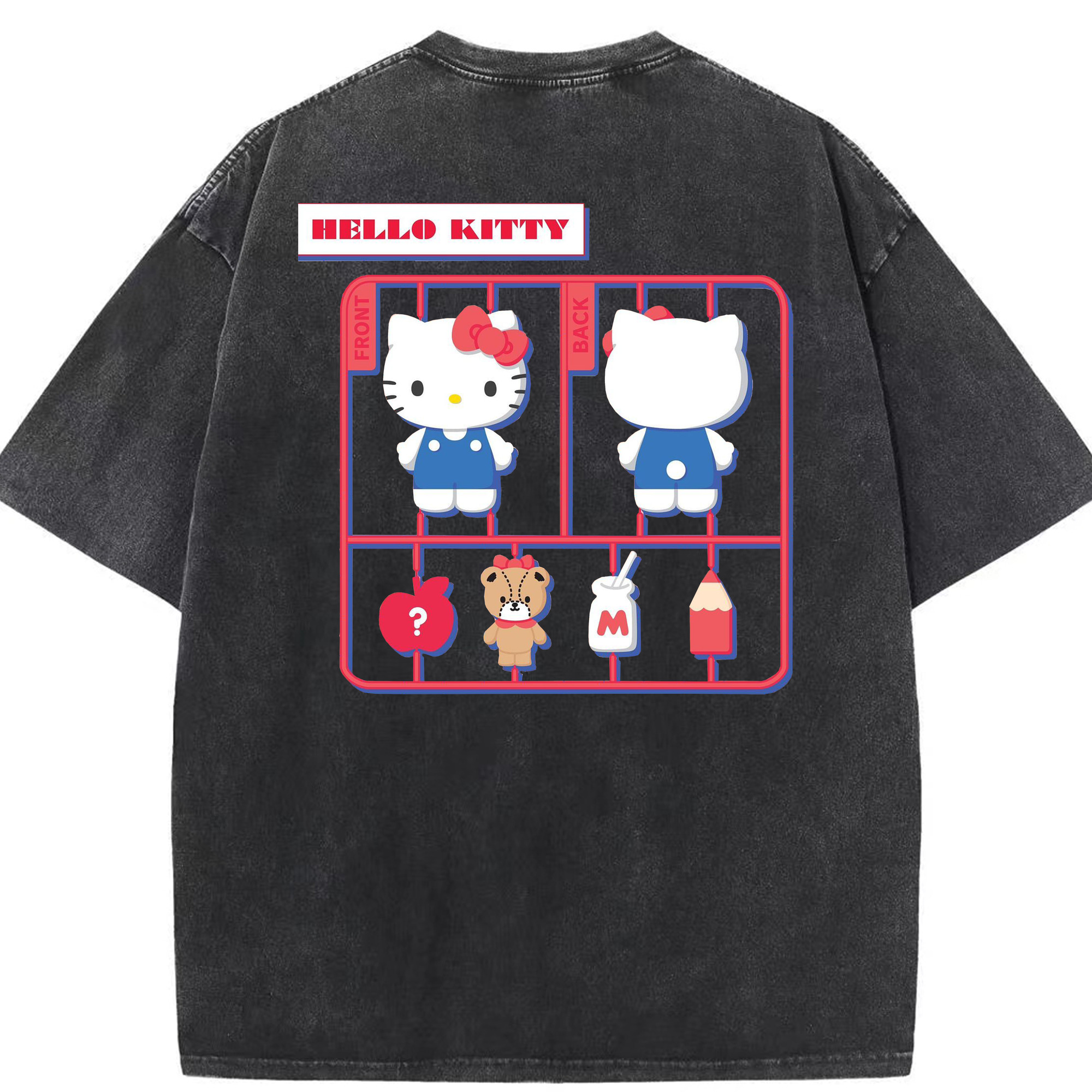 遊び心満載のハローキティ - 綿100％ ヴィンテージ風 半袖Tシャツ ・ 背面プリント ・ 柔らか肌触り ・ 通気性 快適 ・ スポーツ カジュアル 外出用