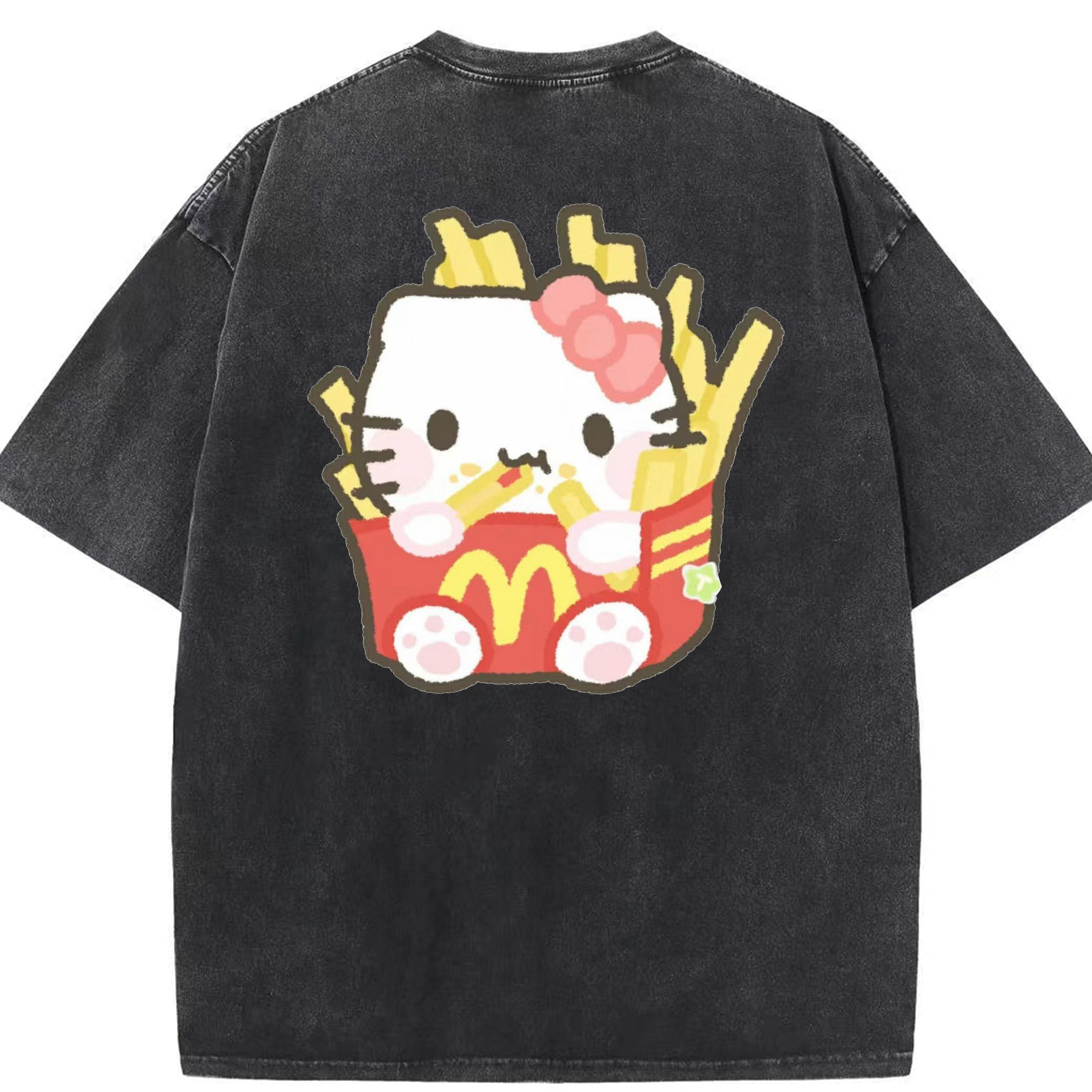 フライドポテトモチーフのハローキティ（ - 綿100％ ヴィンテージ風 半袖Tシャツ ・ 背面プリント ・ 柔らか肌触り ・ 通気性 快適 ・ スポーツ カジュアル 外出用